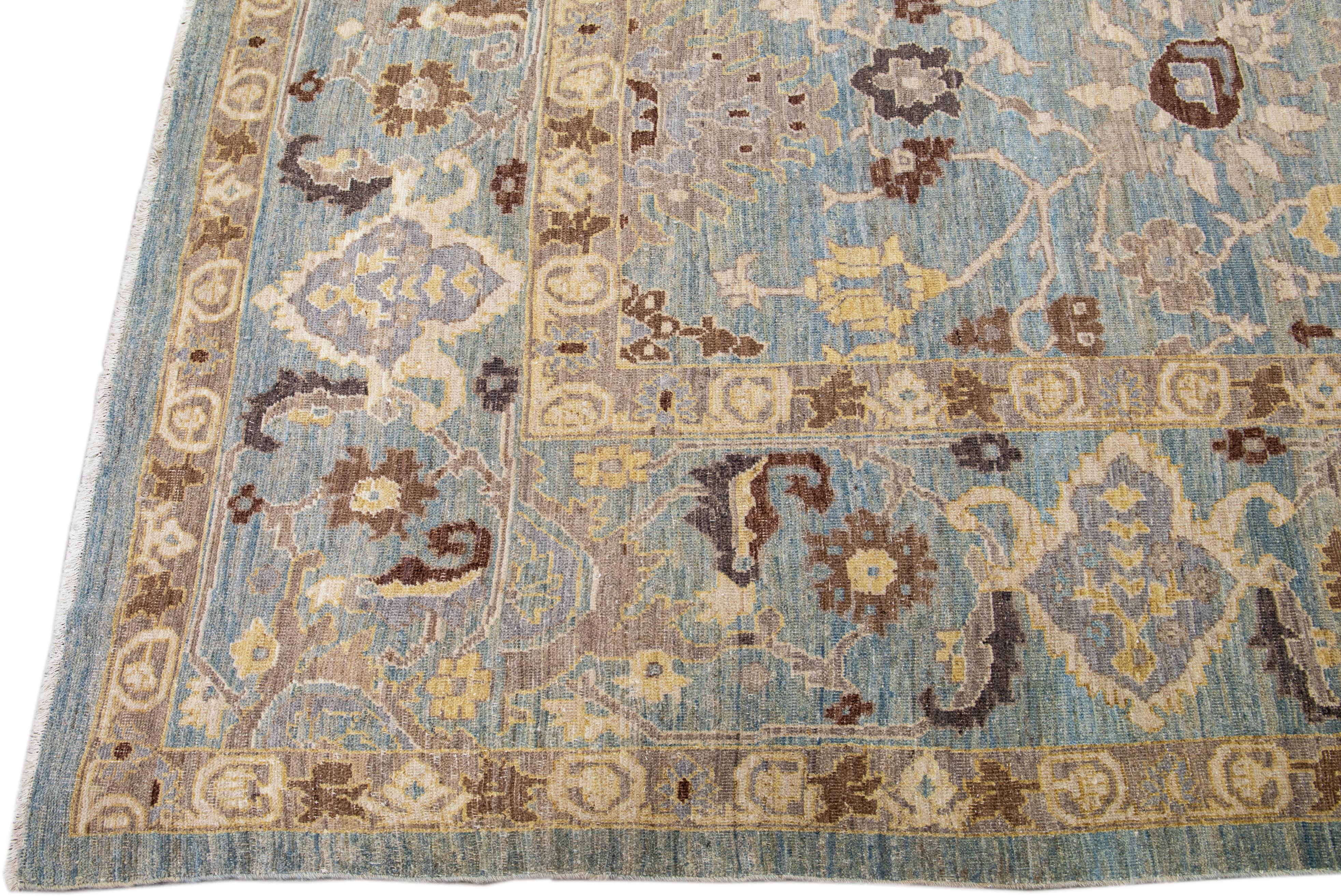 Hand-Knotted Modern Oversize Sultanabad Handmade Floral Blue Wool Rug For Sale