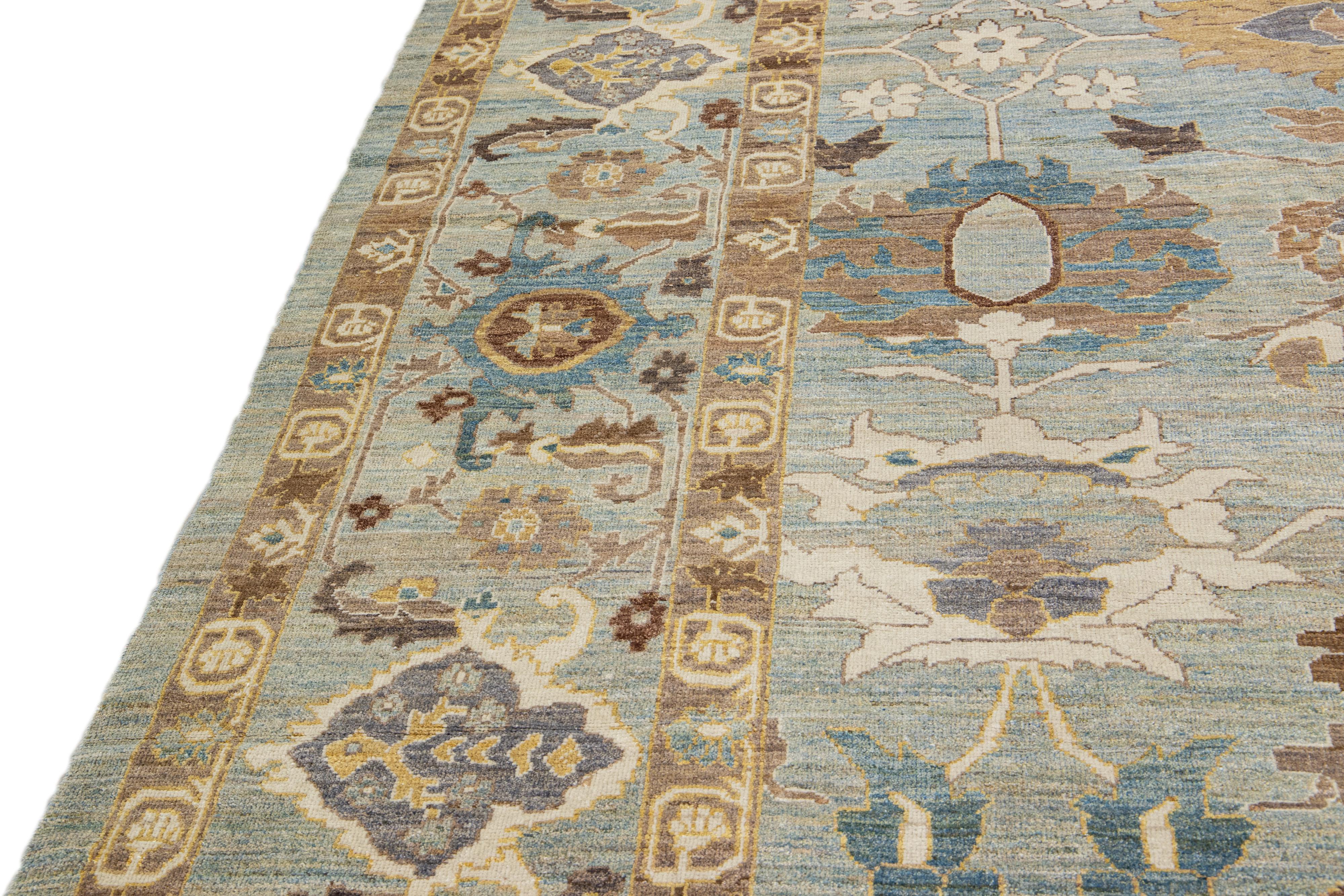 Moderner moderner übergroßer handgefertigter Sultanabad-Teppich aus grauer und blauer Wolle mit Blumenmuster im Angebot 4