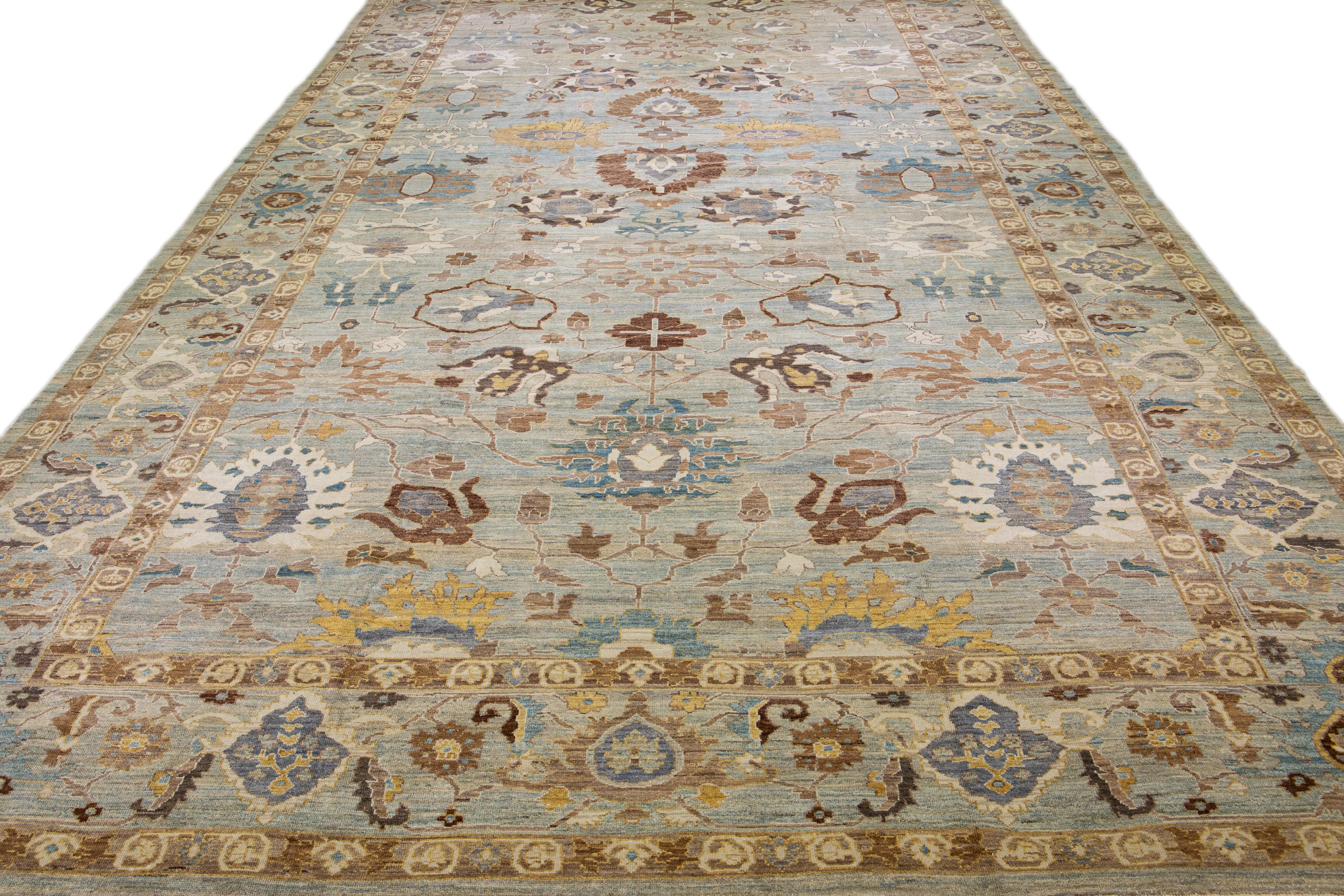 Persian Modern Oversize Sultanabad Handmade Floral Gray and Blue Wool Rug For Sale