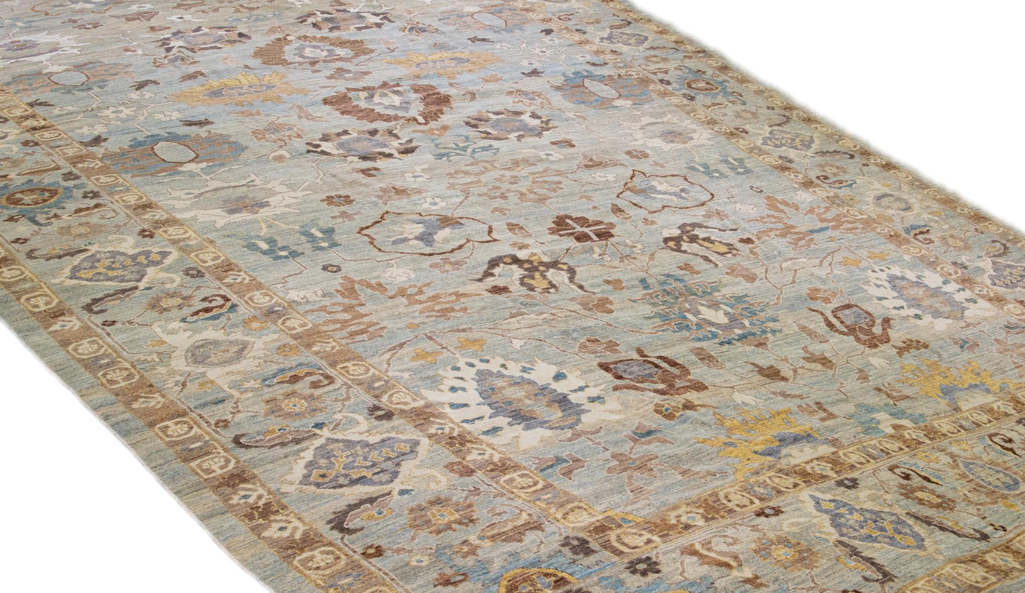 Contemporary Modern Oversize Sultanabad Handmade Floral Gray and Blue Wool Rug For Sale