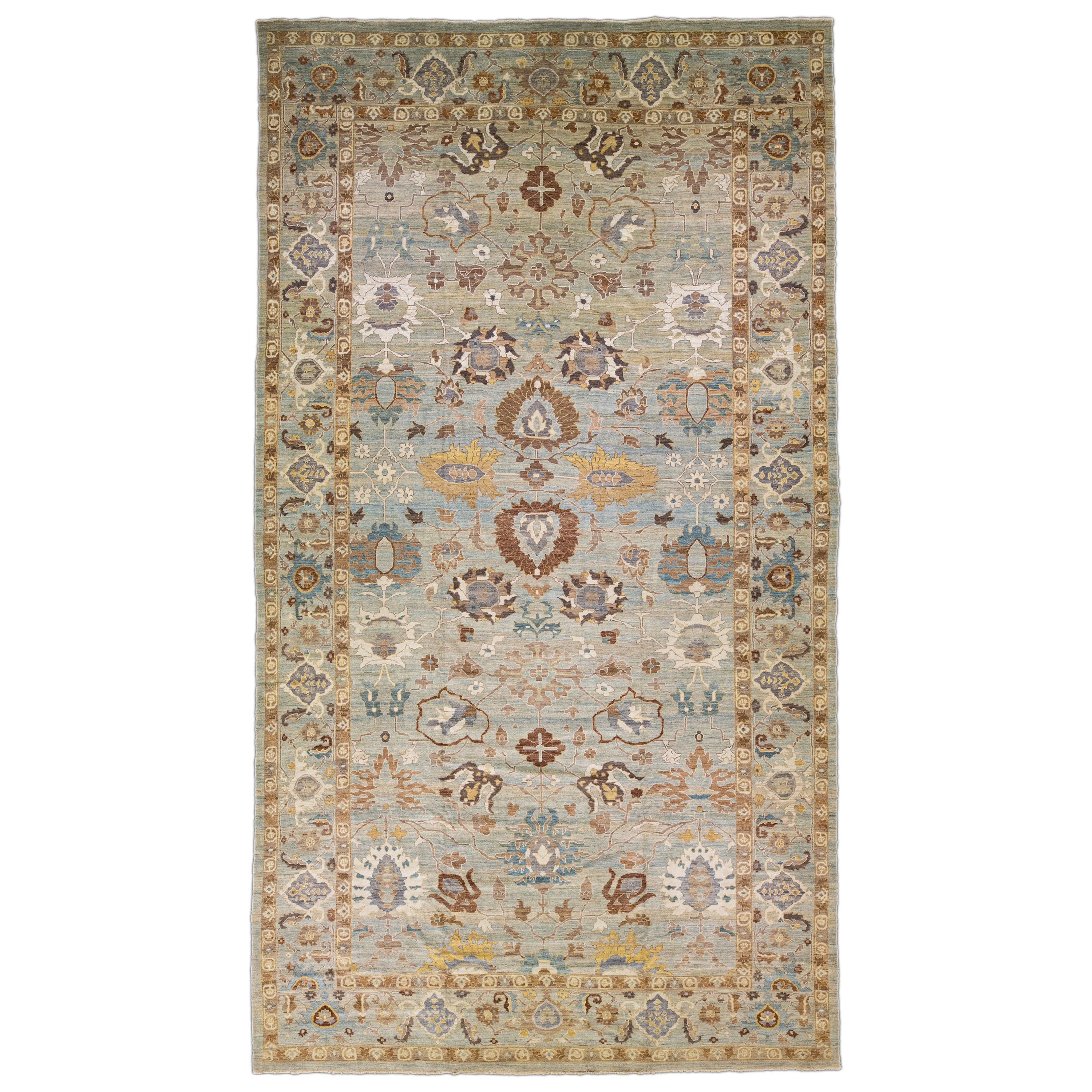 Moderner moderner übergroßer handgefertigter Sultanabad-Teppich aus grauer und blauer Wolle mit Blumenmuster im Angebot
