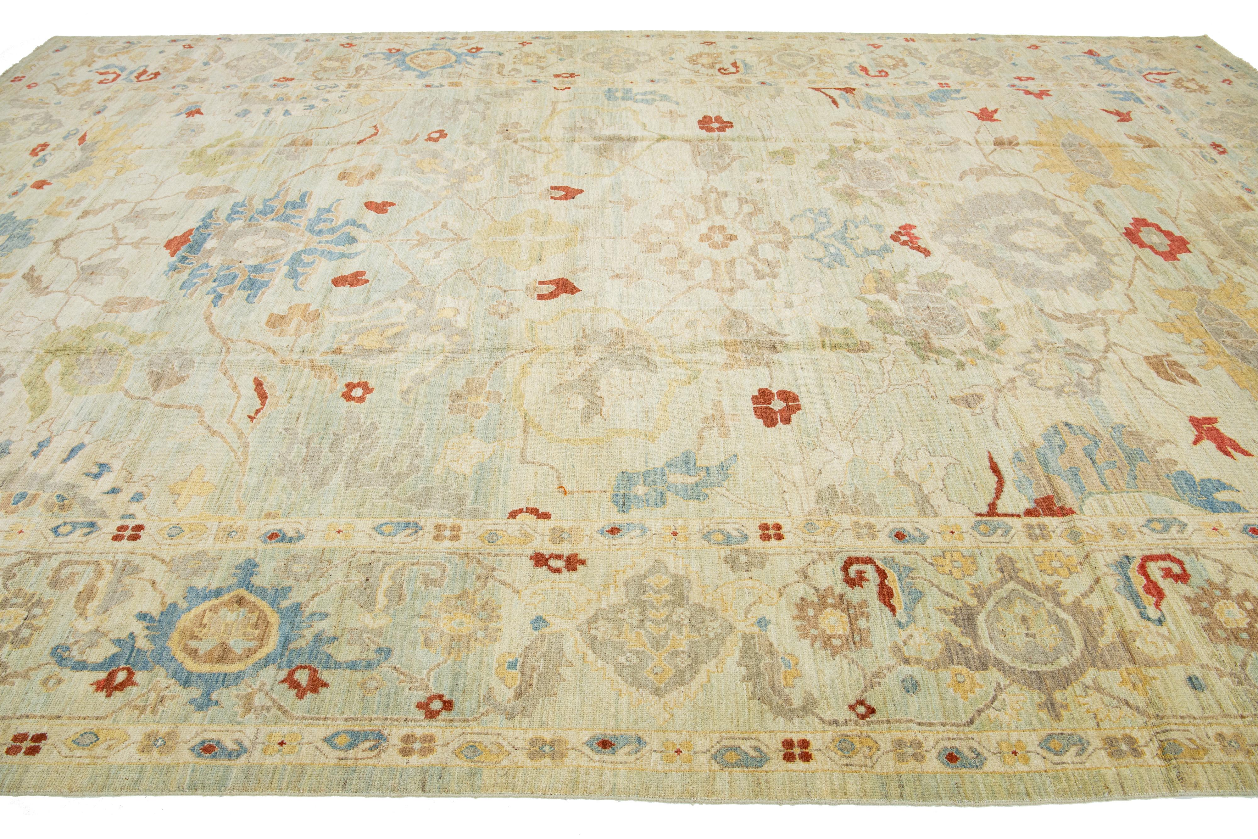 Hand-Knotted Modern Oversize Sultanabad Wool Rug Handmade Light Blue And Beige Field For Sale