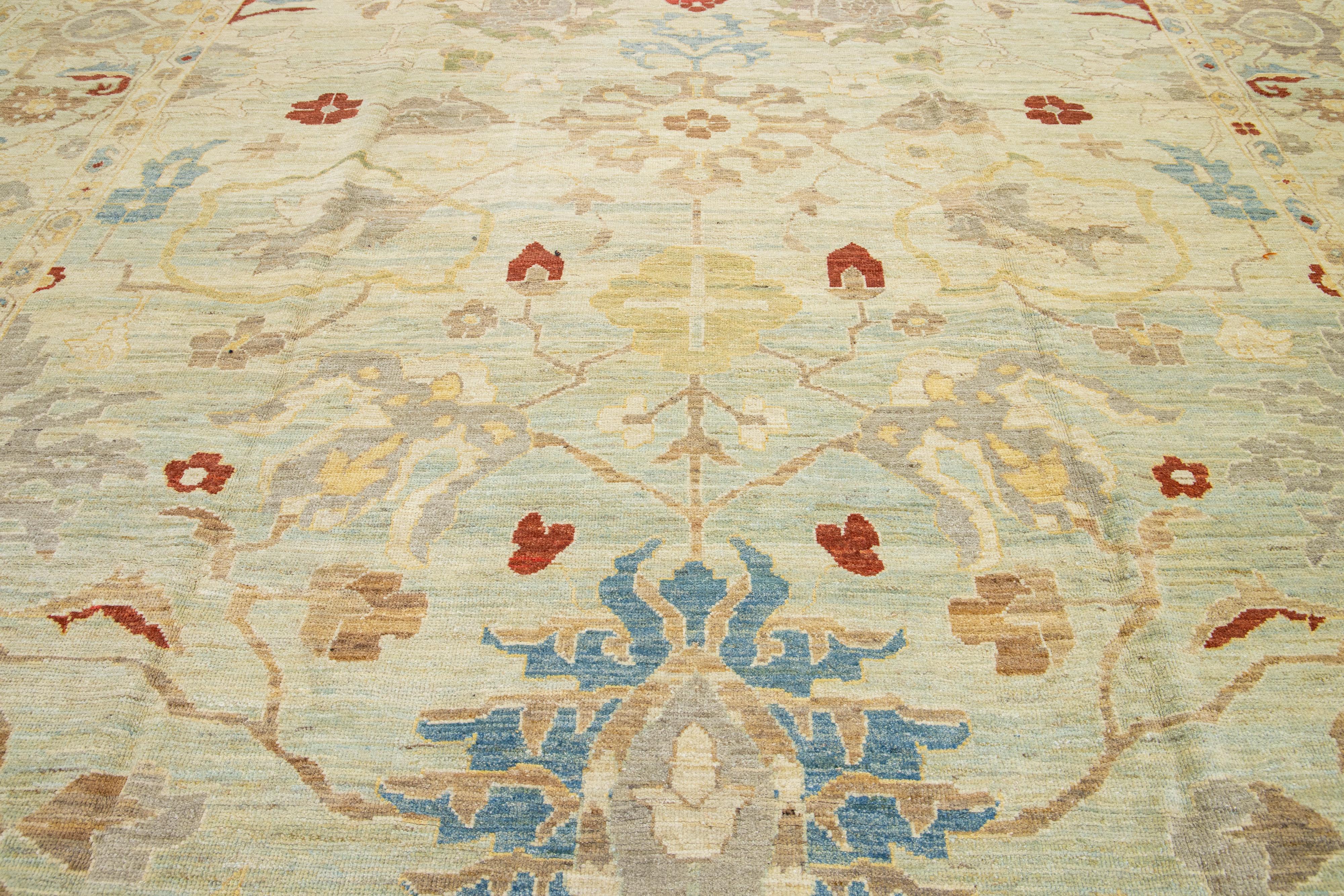 Contemporary Modern Oversize Sultanabad Wool Rug Handmade Light Blue And Beige Field For Sale