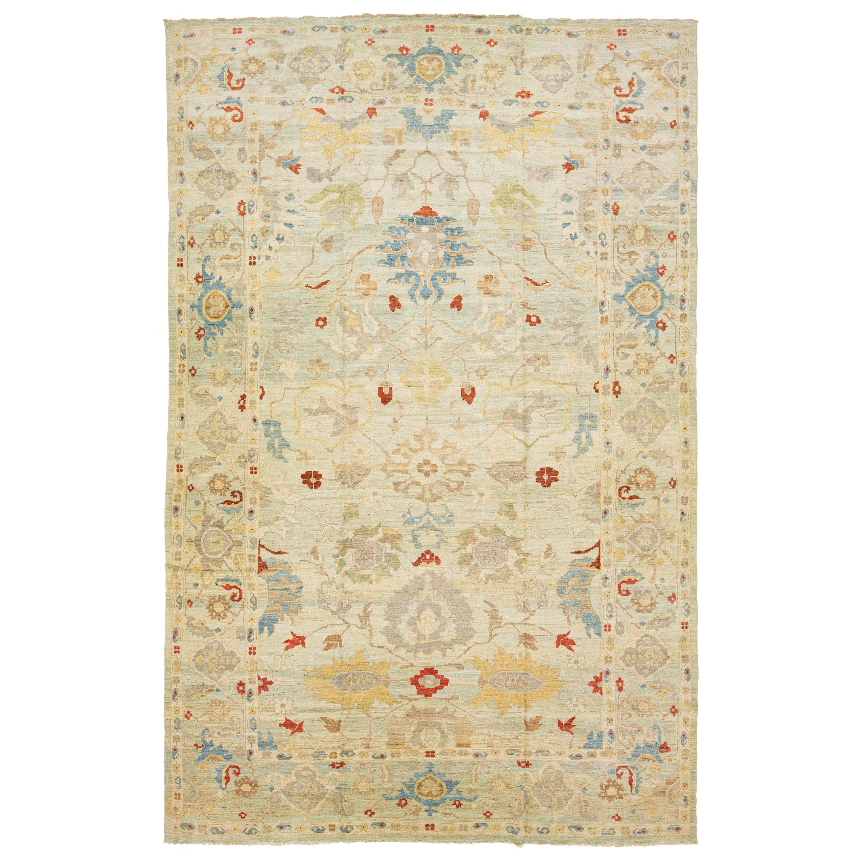 Tappeto moderno oversize in lana Sultanabad Rugs fatto a mano in campo azzurro e beige
