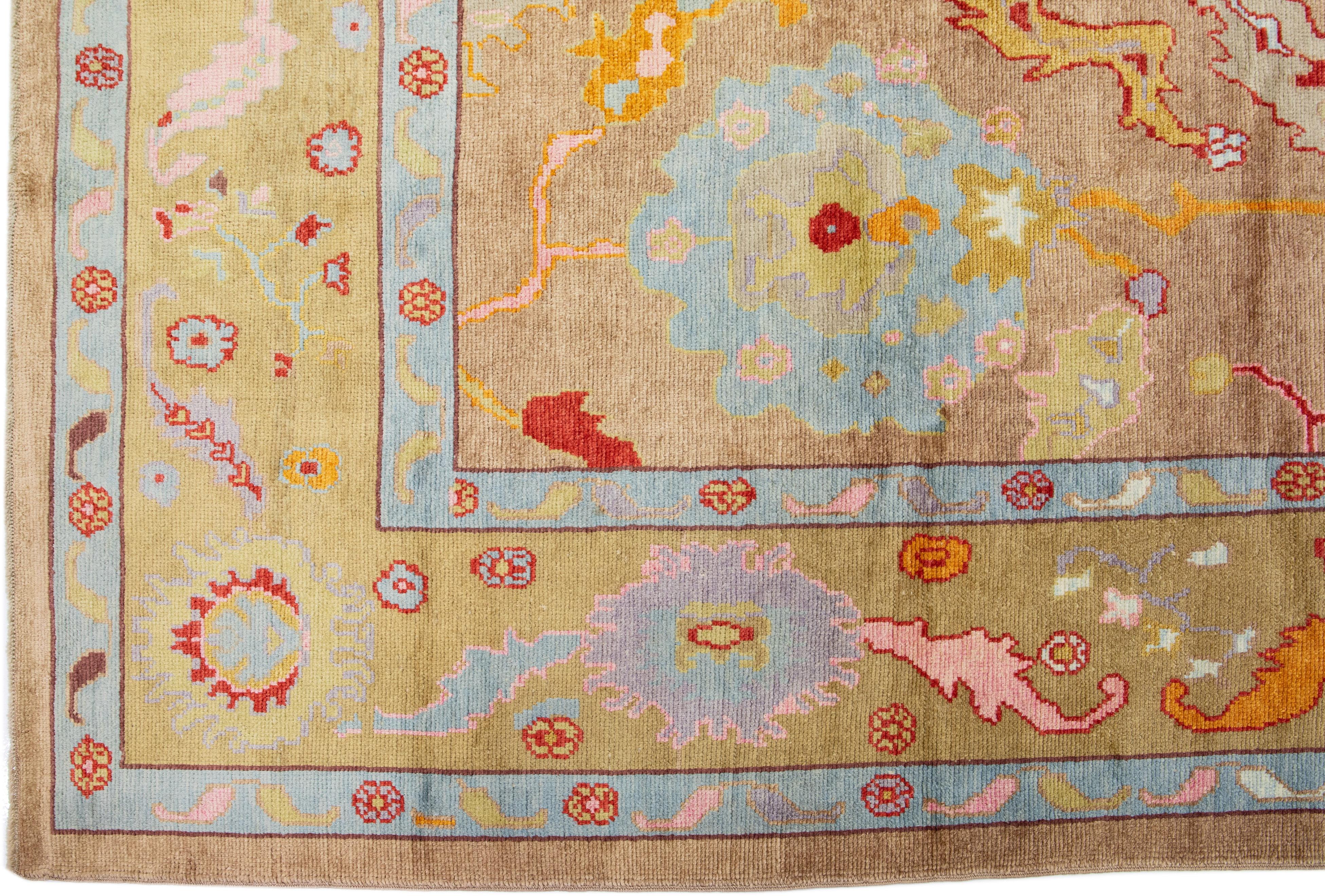 Oushak Modern Oversize Turkish Kars Handmade Tan Wool Rug With Floral Pattern For Sale
