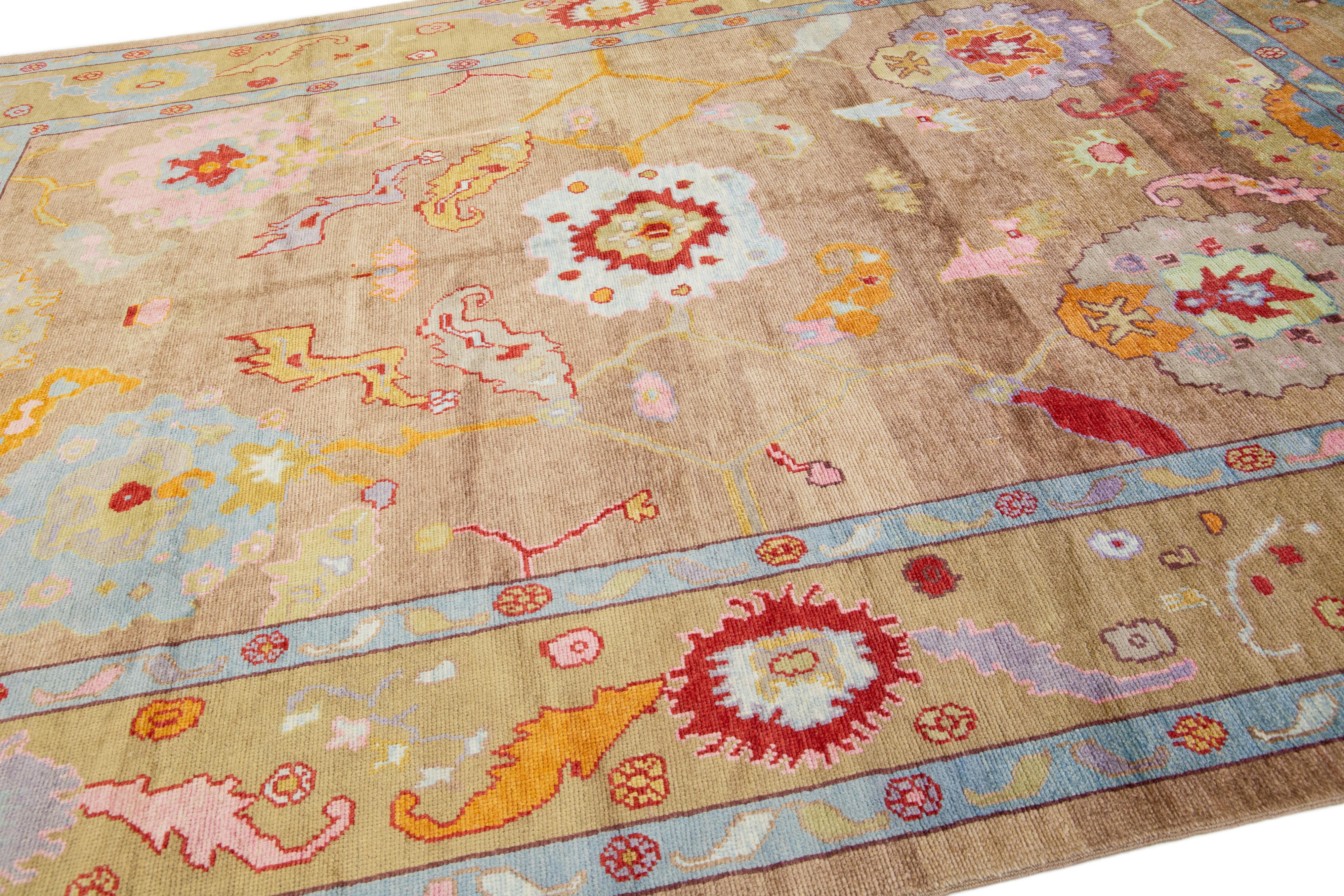 Hand-Knotted Modern Oversize Turkish Kars Handmade Tan Wool Rug With Floral Pattern For Sale