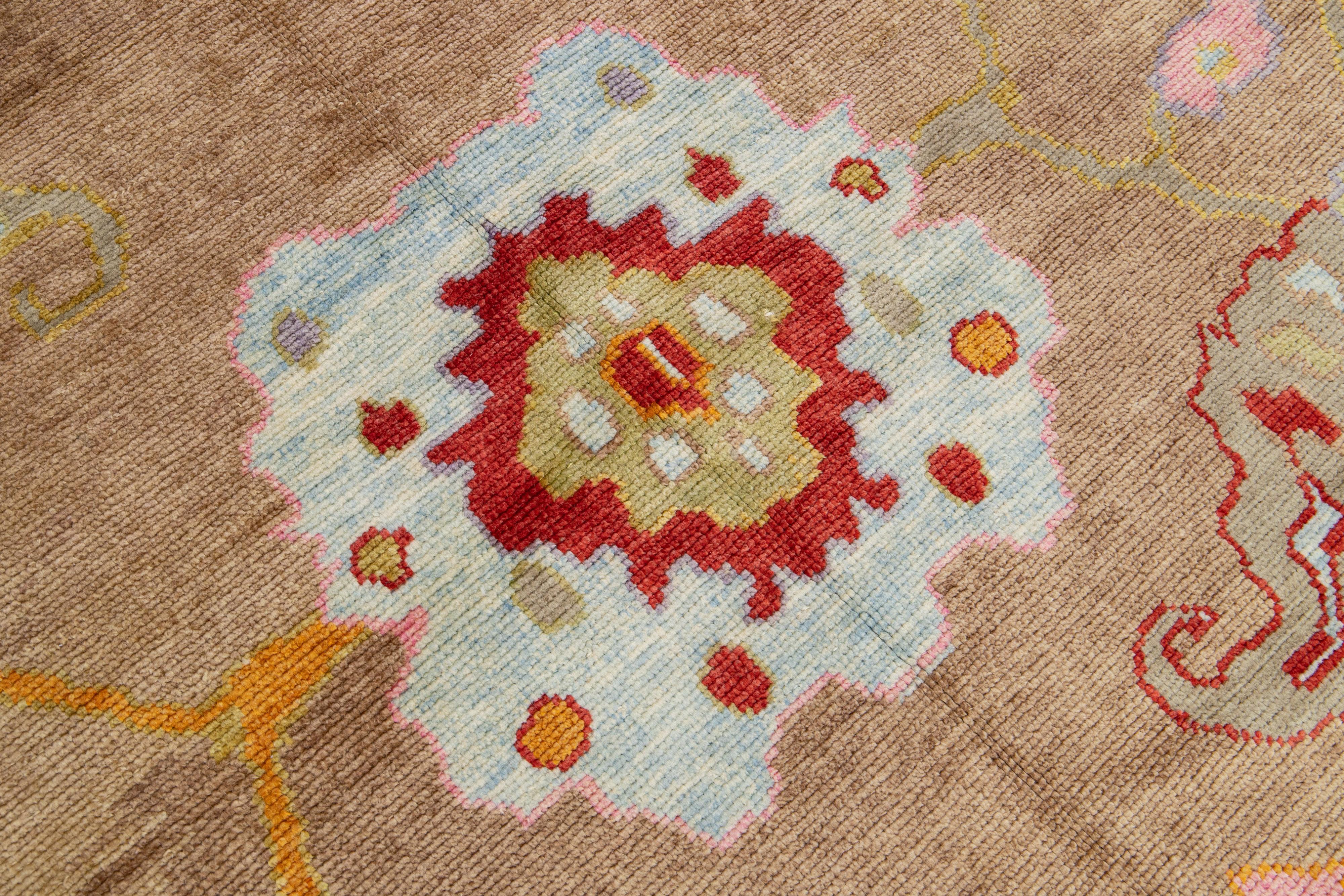Contemporary Modern Oversize Turkish Kars Handmade Tan Wool Rug With Floral Pattern For Sale