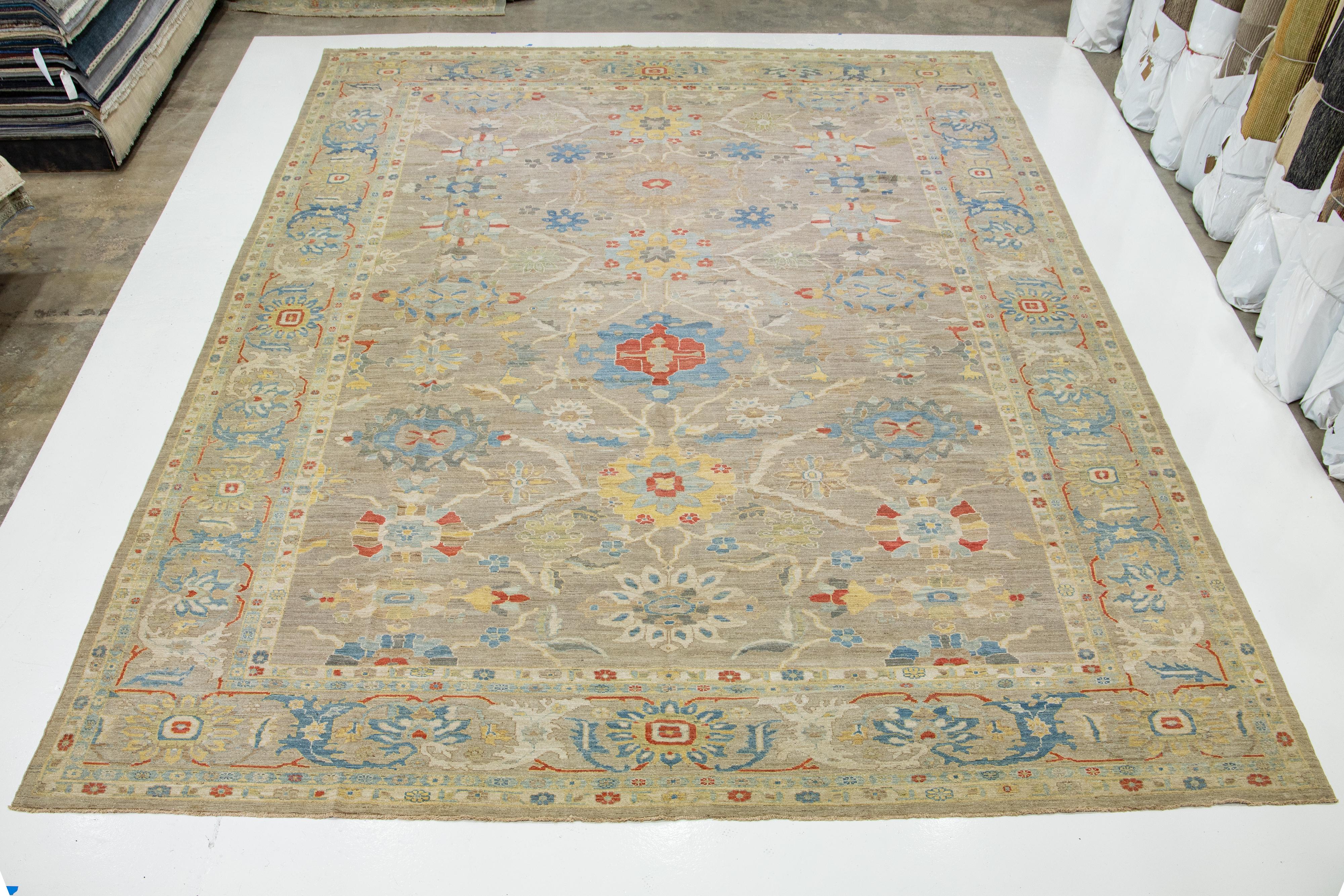 Modern Oversized Sultanabad Brown Wool Rug Handmade Allover Floral Motif For Sale 4