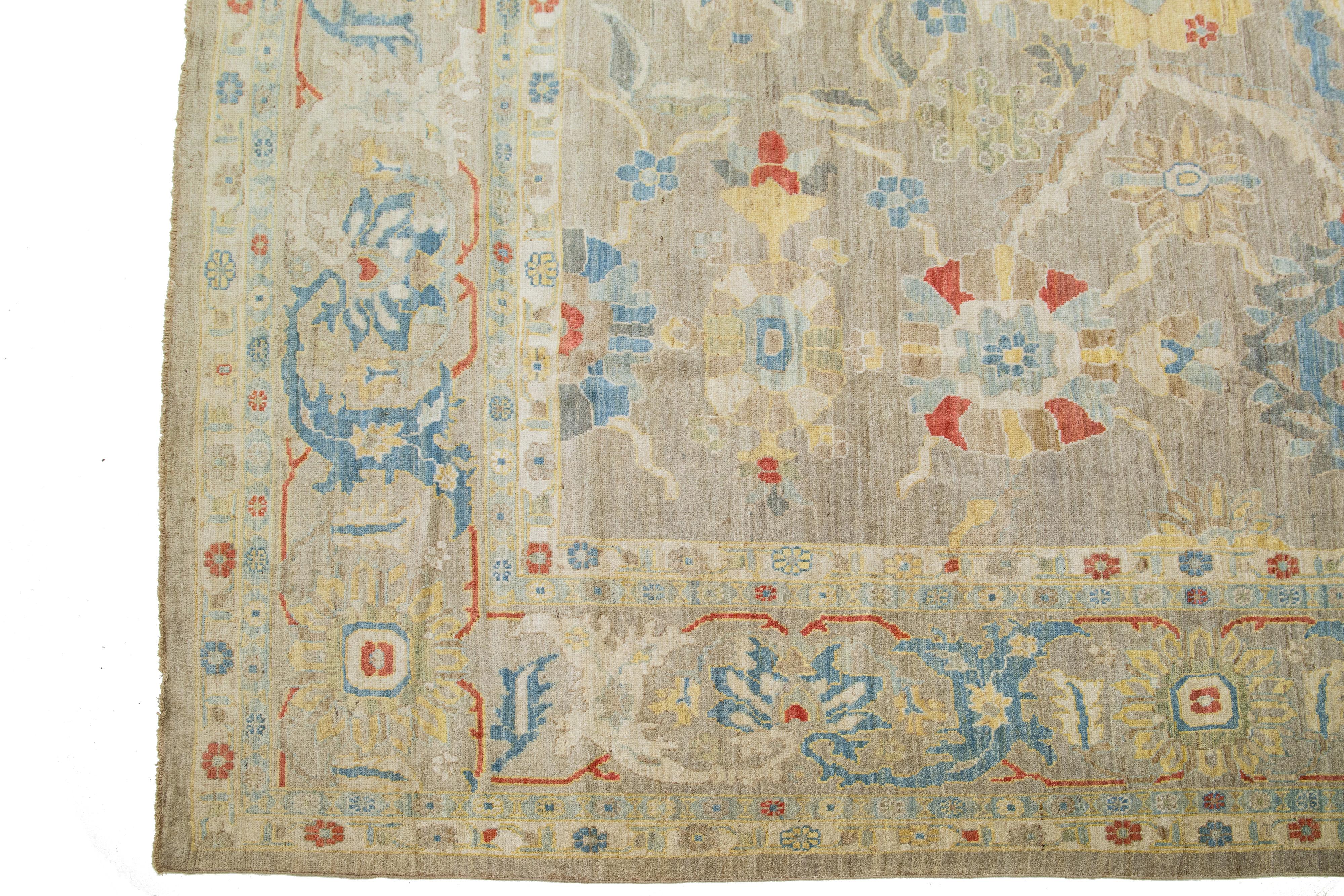 Pakistani Modern Oversized Sultanabad Brown Wool Rug Handmade Allover Floral Motif For Sale