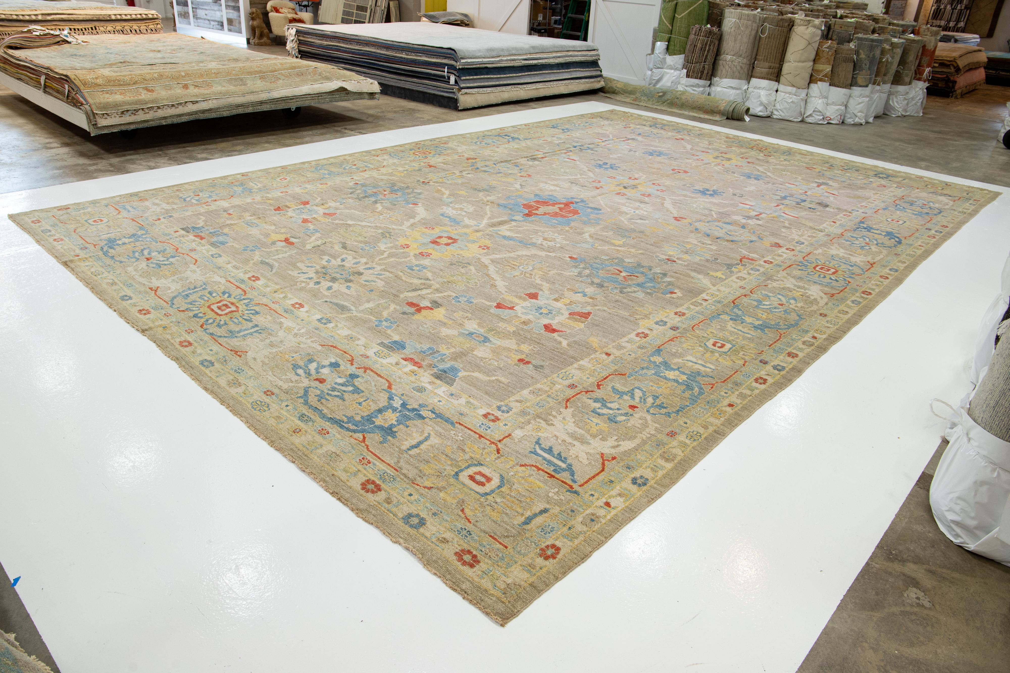 Hand-Knotted Modern Oversized Sultanabad Brown Wool Rug Handmade Allover Floral Motif For Sale