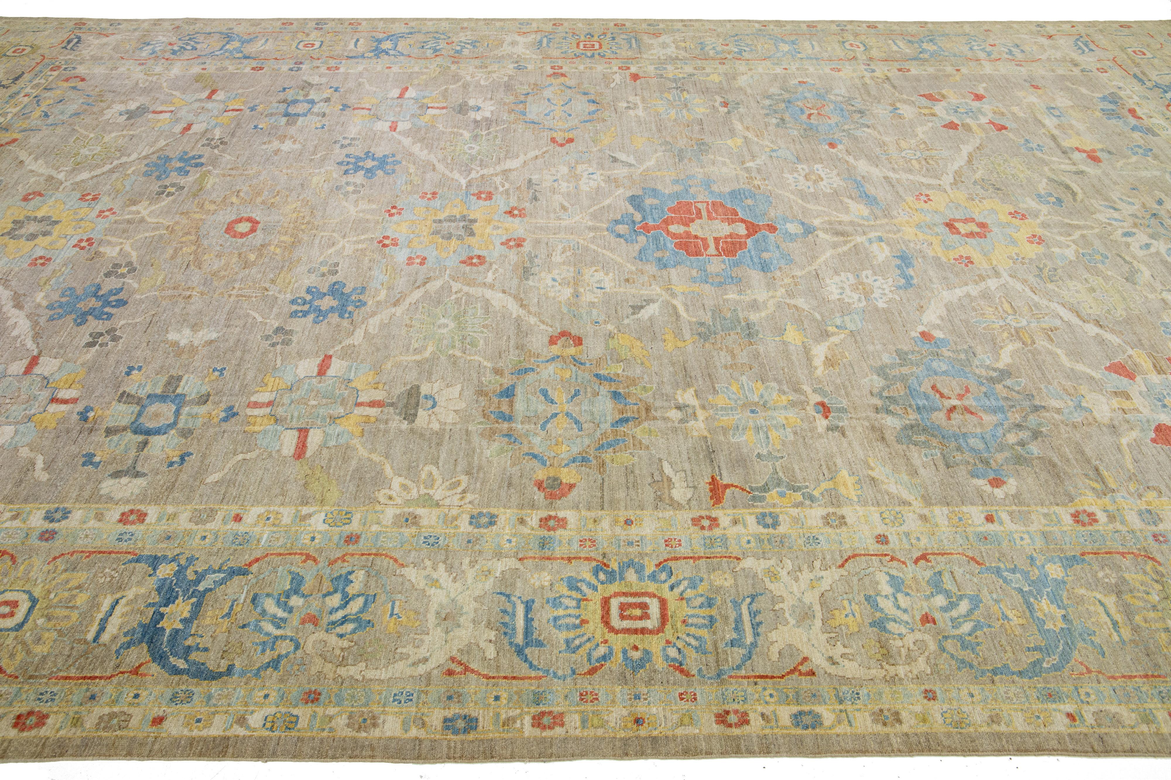 Modern Oversized Sultanabad Brown Wool Rug Handmade Allover Floral Motif  In New Condition For Sale In Norwalk, CT