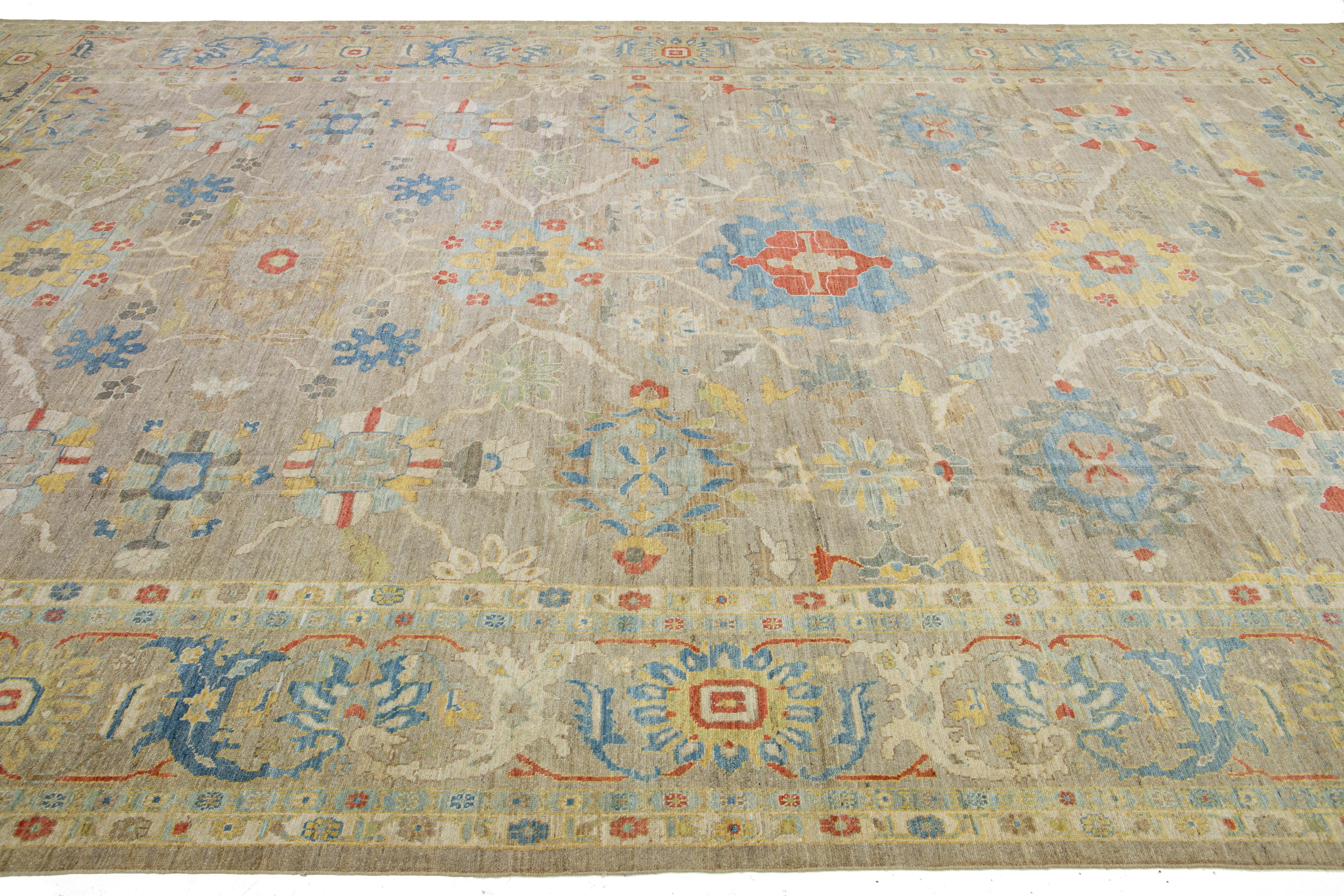 Modern Oversized Sultanabad Brown Wool Rug Handmade Allover Floral Motif In New Condition For Sale In Norwalk, CT