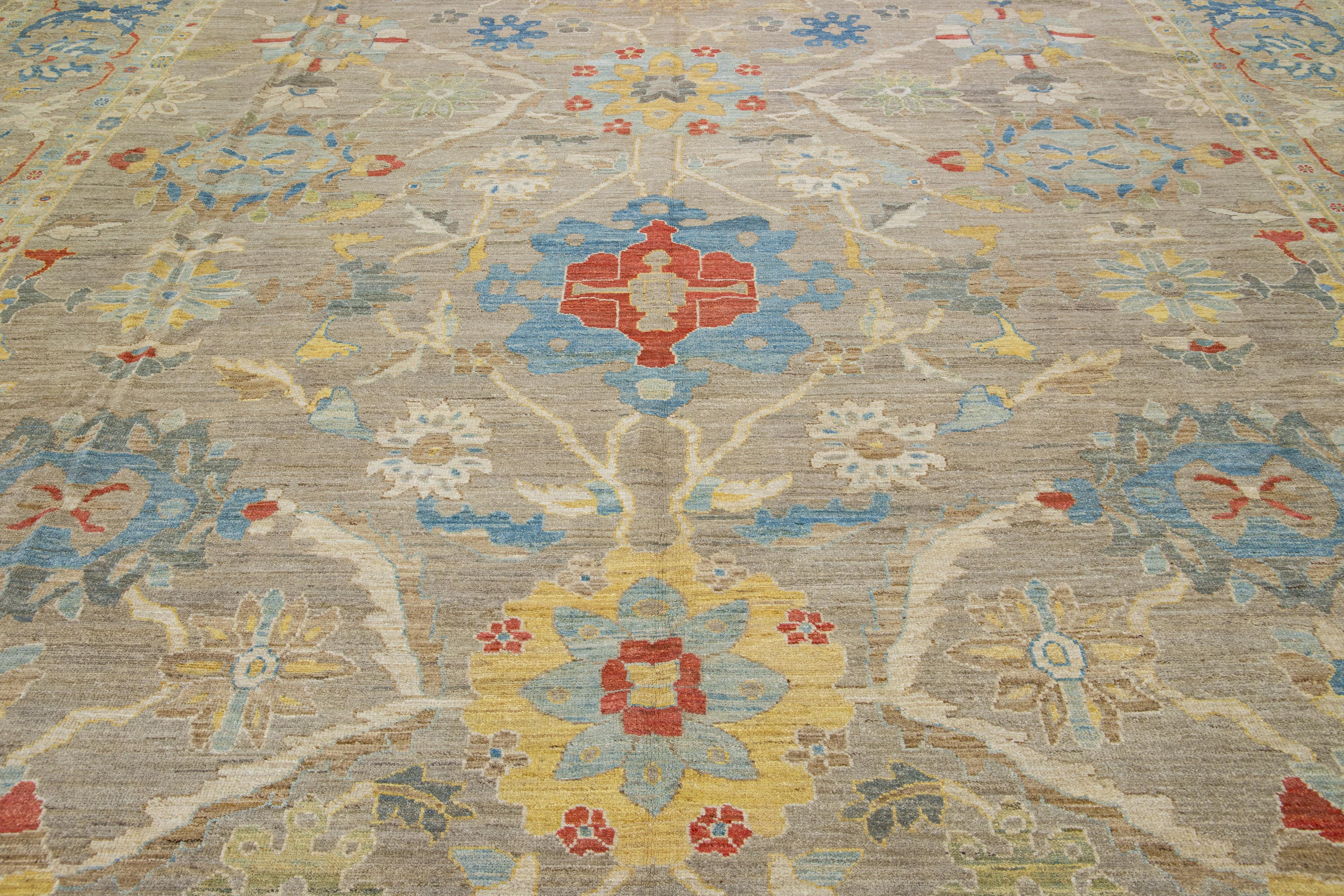 Modern Oversized Sultanabad Brown Wool Rug Handmade Allover Floral Motif For Sale 1