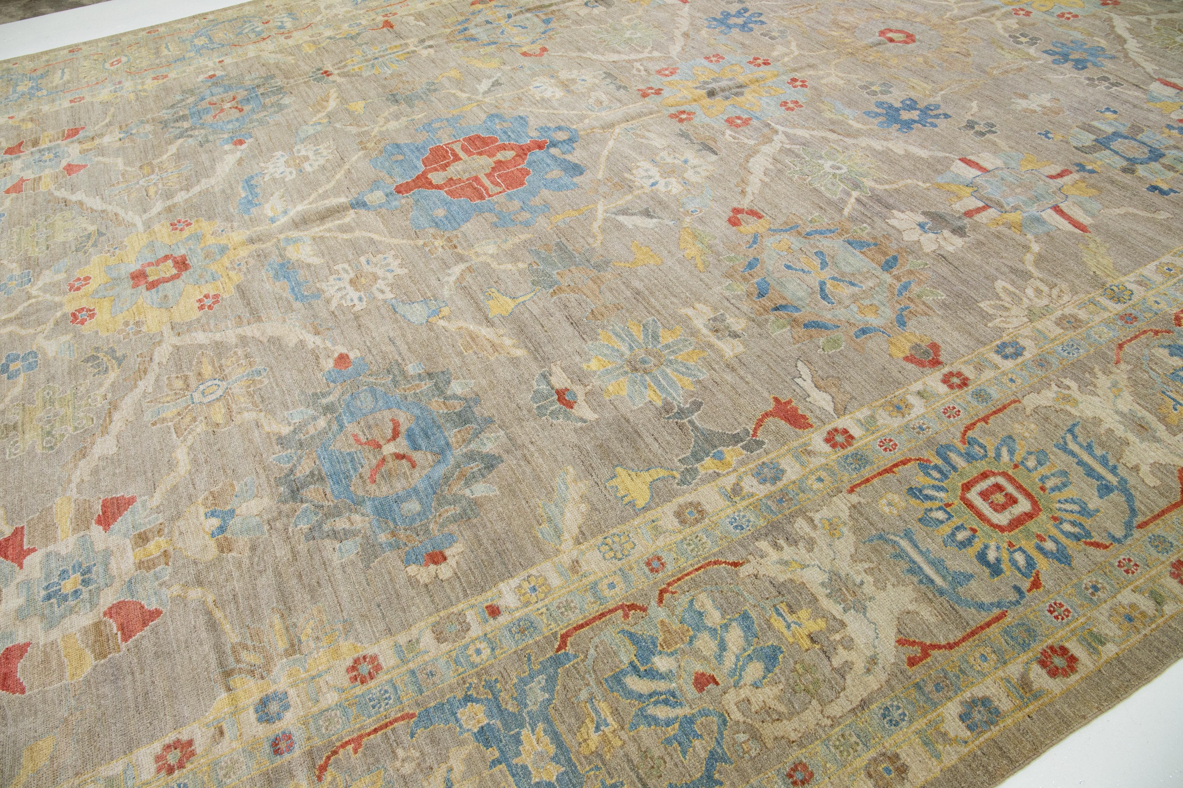 Modern Oversized Sultanabad Brown Wool Rug Handmade Allover Floral Motif For Sale 3
