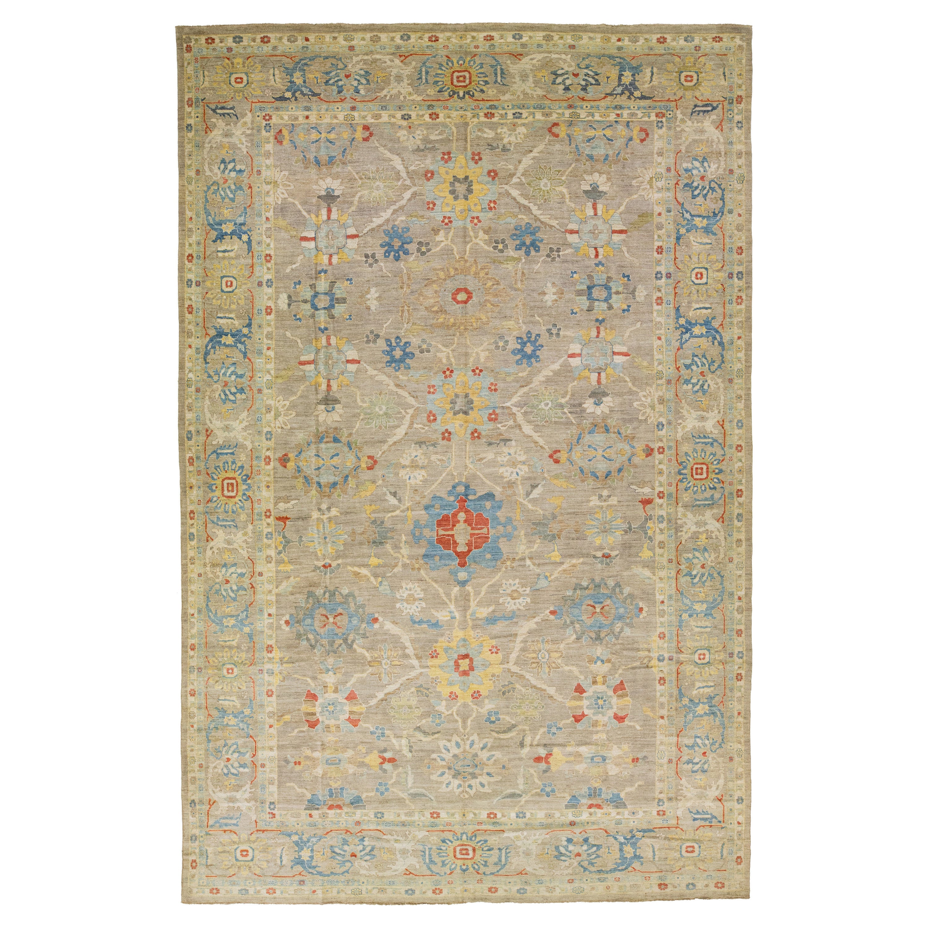 Modern Oversized Sultanabad Brown Wool Rug Handmade Allover Floral Motif For Sale
