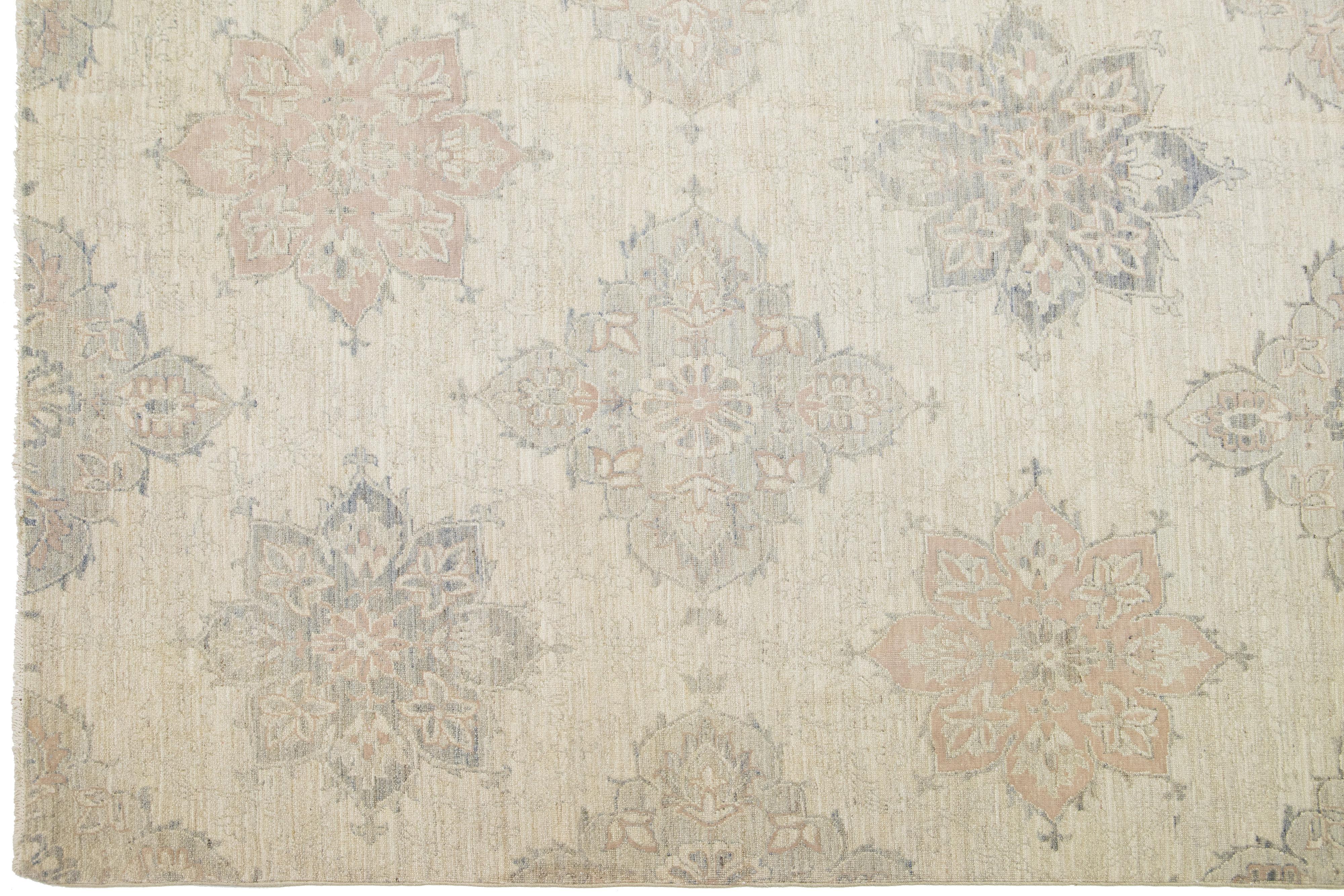 Contemporary Modern Oversized Transitional Beige Wool Rug With Floral Design For Sale