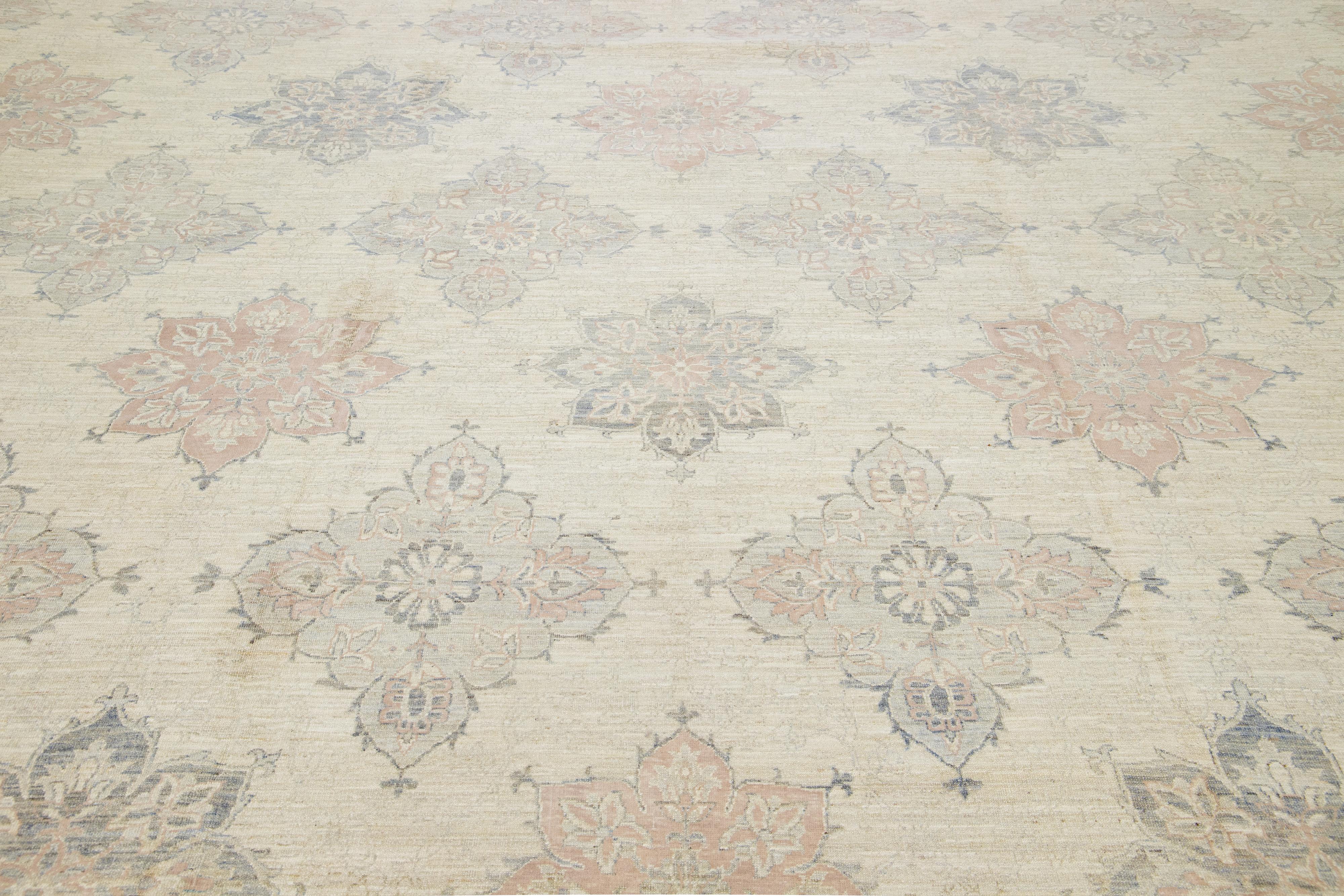Modern Oversized Transitional Beige Wool Rug With Floral Design For Sale 1