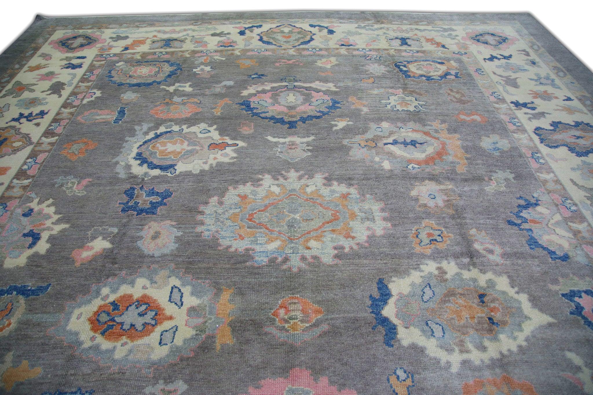 Vegetable Dyed Gray Multicolor Floral Handwoven Wool Oversized Turkish Oushak Rug 12'11