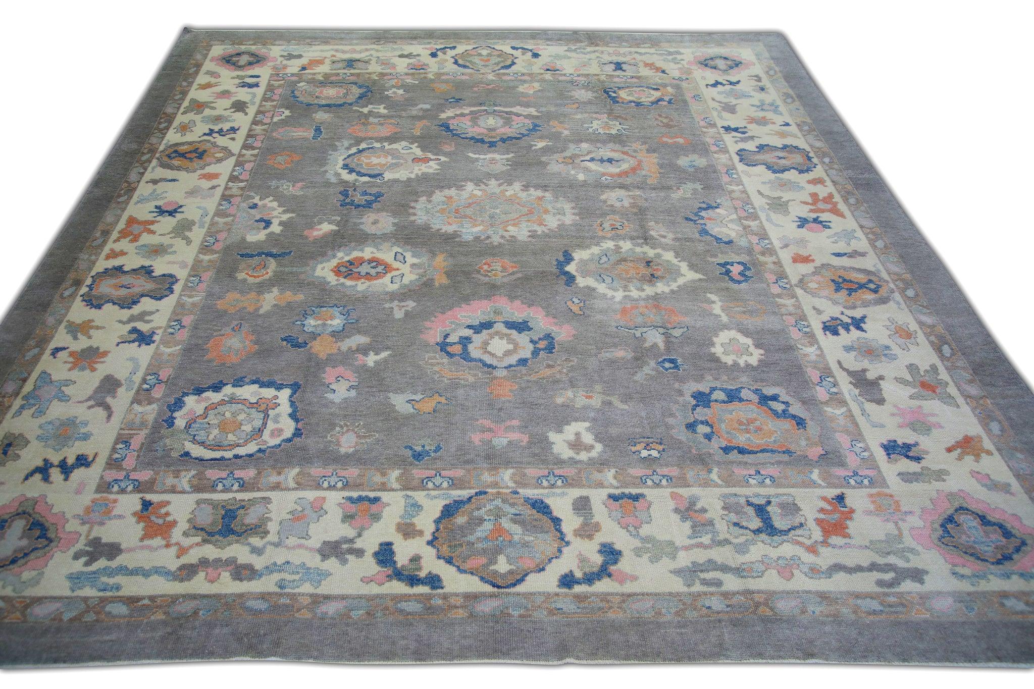 Gray Multicolor Floral Handwoven Wool Oversized Turkish Oushak Rug 12'11