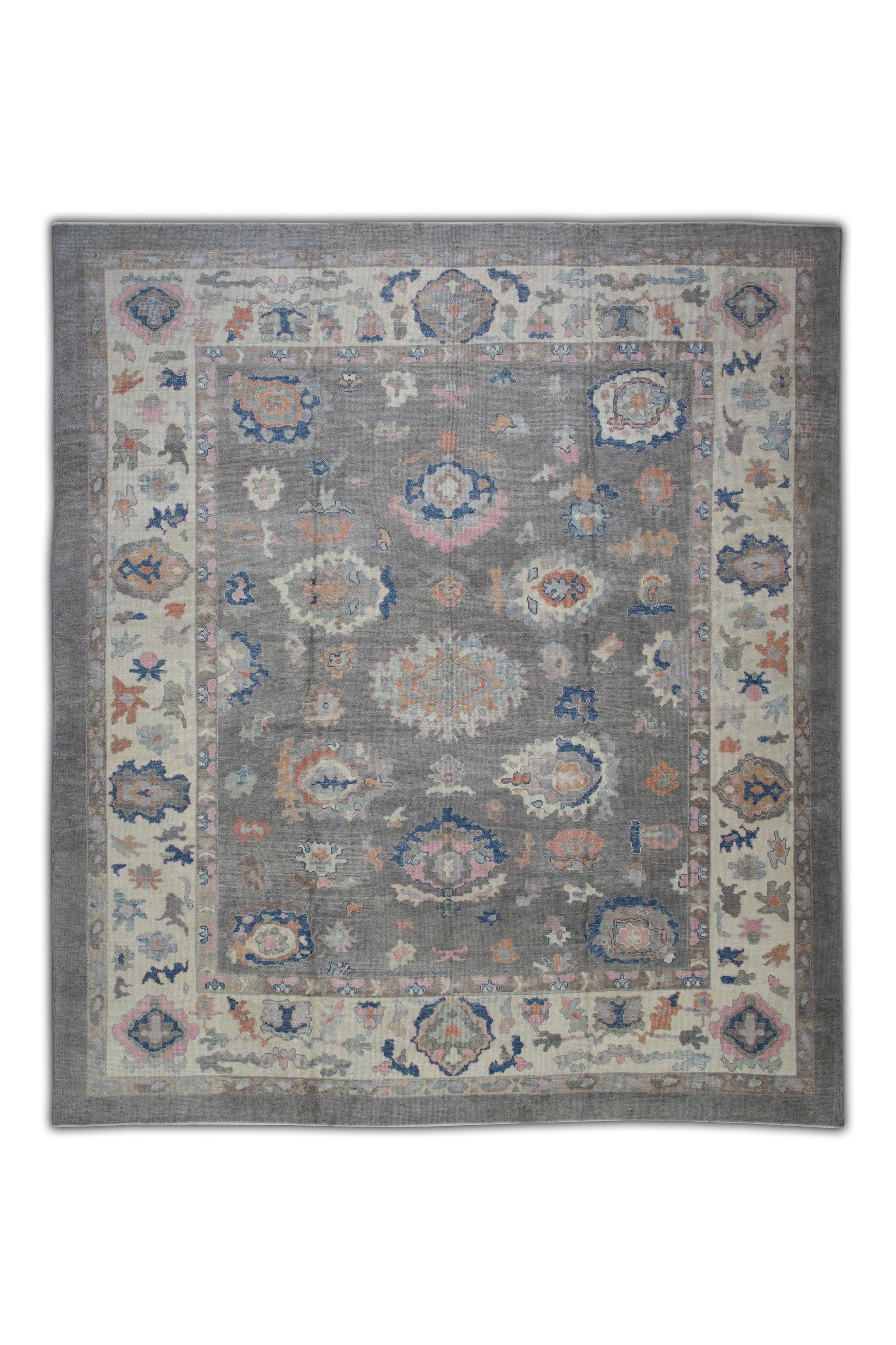 Contemporary Gray Multicolor Floral Handwoven Wool Oversized Turkish Oushak Rug 12'11