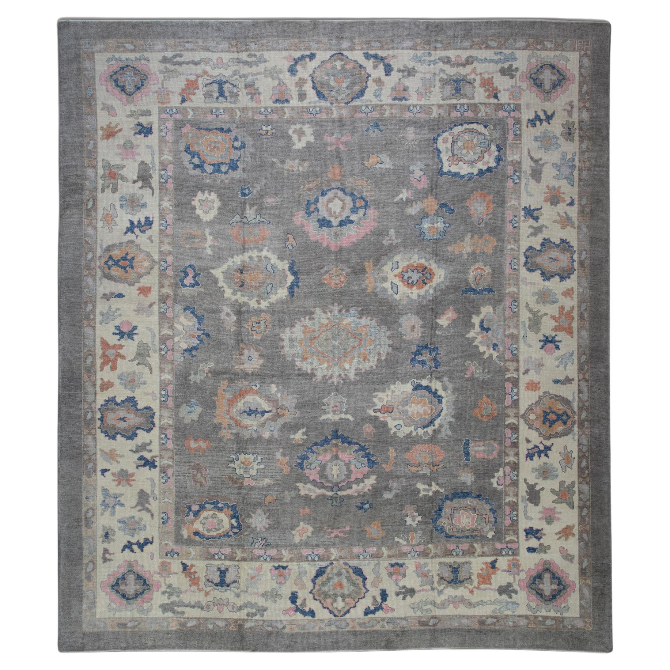 Gray Multicolor Floral Handwoven Wool Oversized Turkish Oushak Rug 12'11" X 14'
