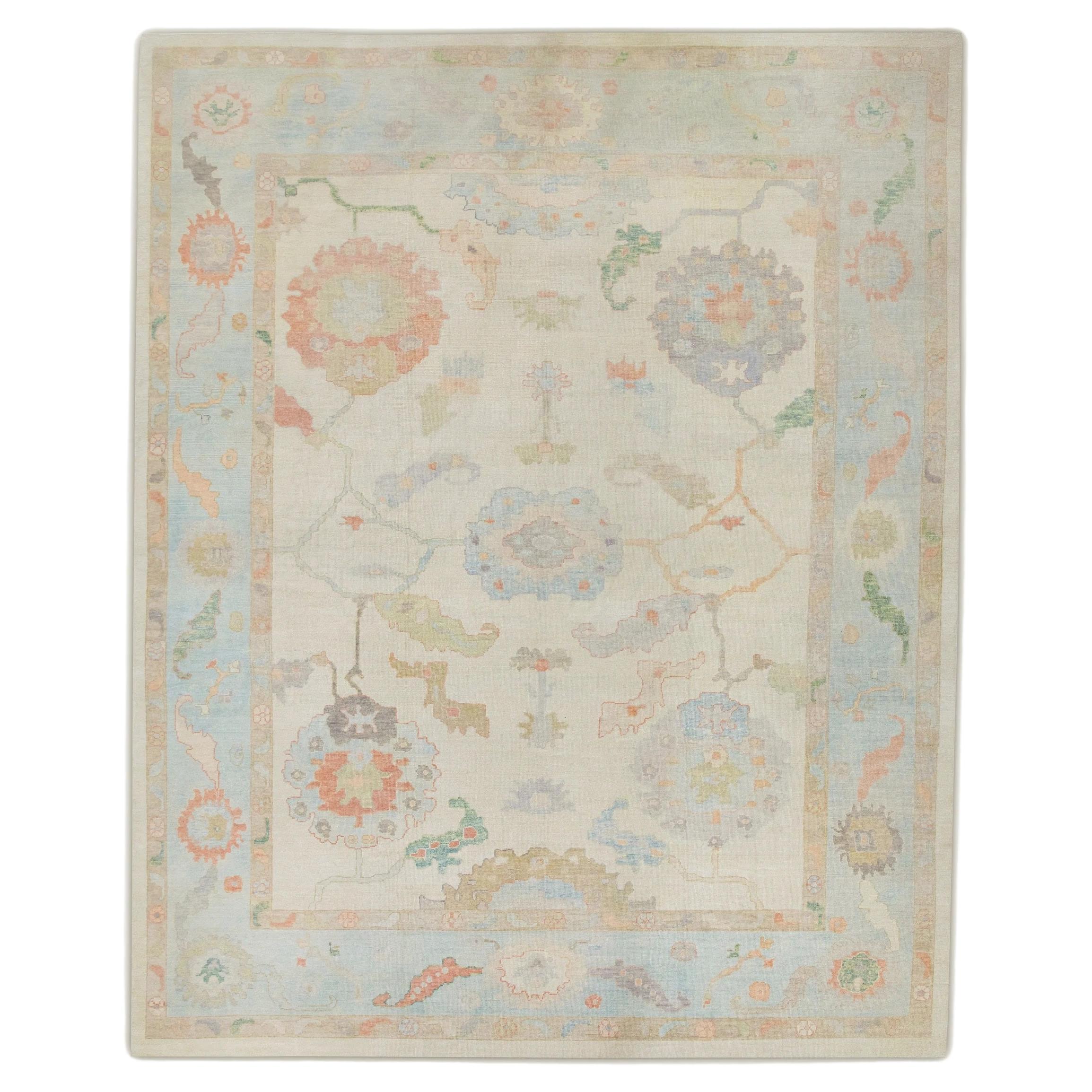 Blue Multicolor Floral Handwoven Wool Oversized Turkish Oushak Rug 12'3" X 15'2" For Sale