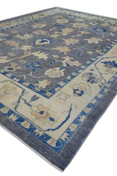 Blue & Pink Floral Handwoven Wool Oversized Turkish Oushak Rug 12'3" x 15'6"