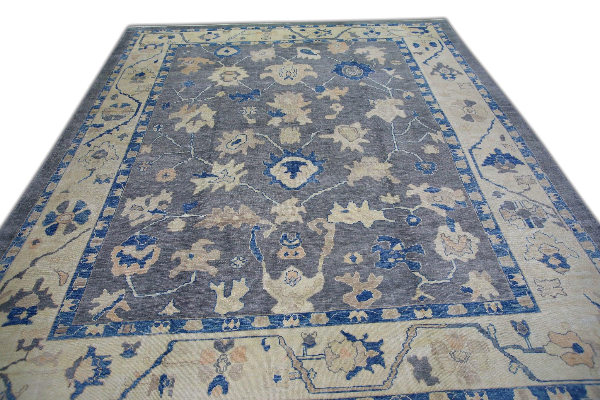 Tintura vegetale Tappeto Oushak turco oversize in lana intrecciata a mano, blu e rosa, 12'3