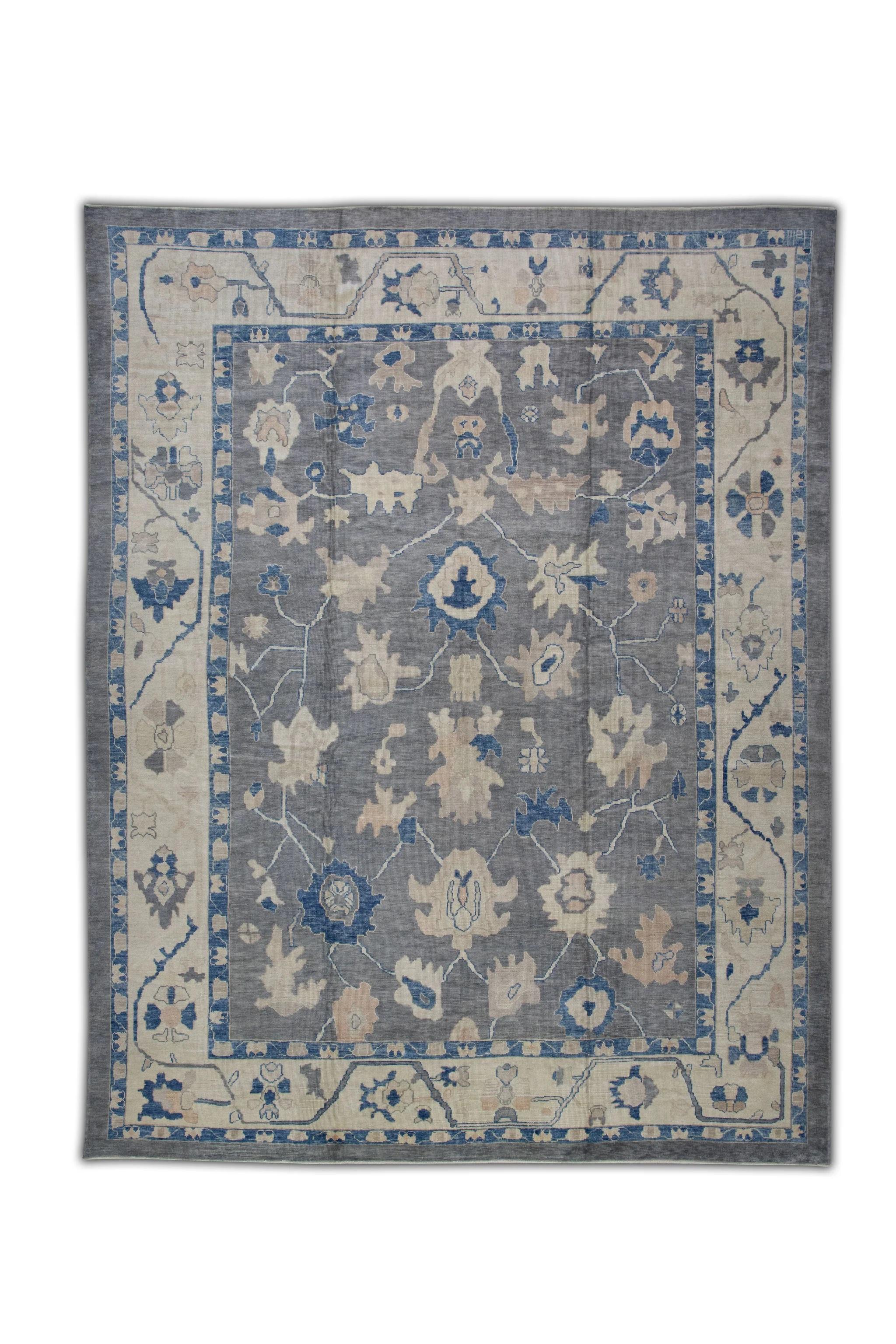 Tappeto Oushak turco oversize in lana intrecciata a mano, blu e rosa, 12'3