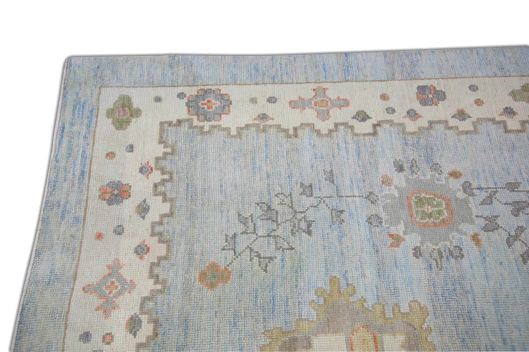 Modern Blue & Brown Floral Handwoven Wool Oversized Turkish Oushak Rug 12'6