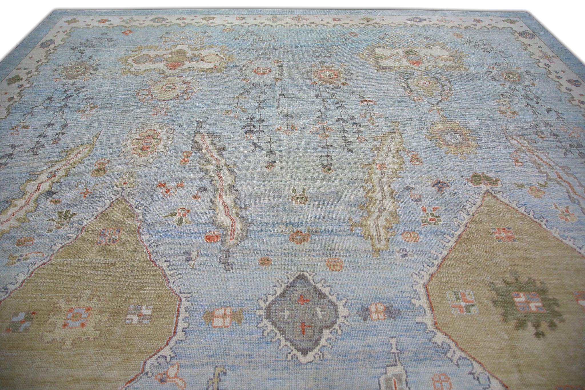 Vegetable Dyed Blue & Brown Floral Handwoven Wool Oversized Turkish Oushak Rug 12'6