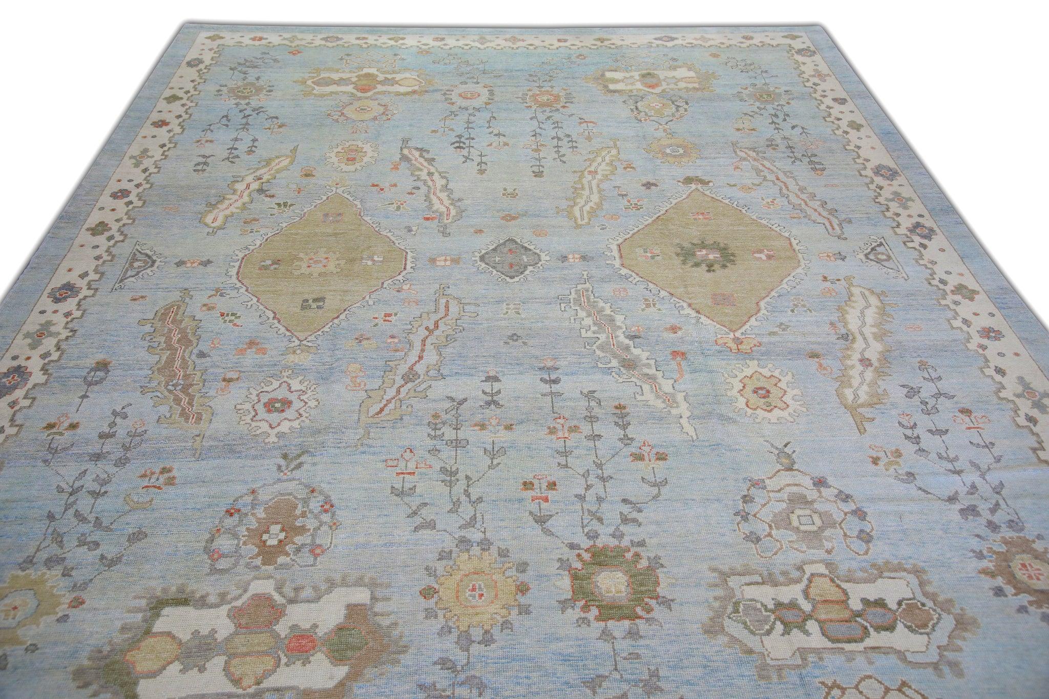 Blue & Brown Floral Handwoven Wool Oversized Turkish Oushak Rug 12'6