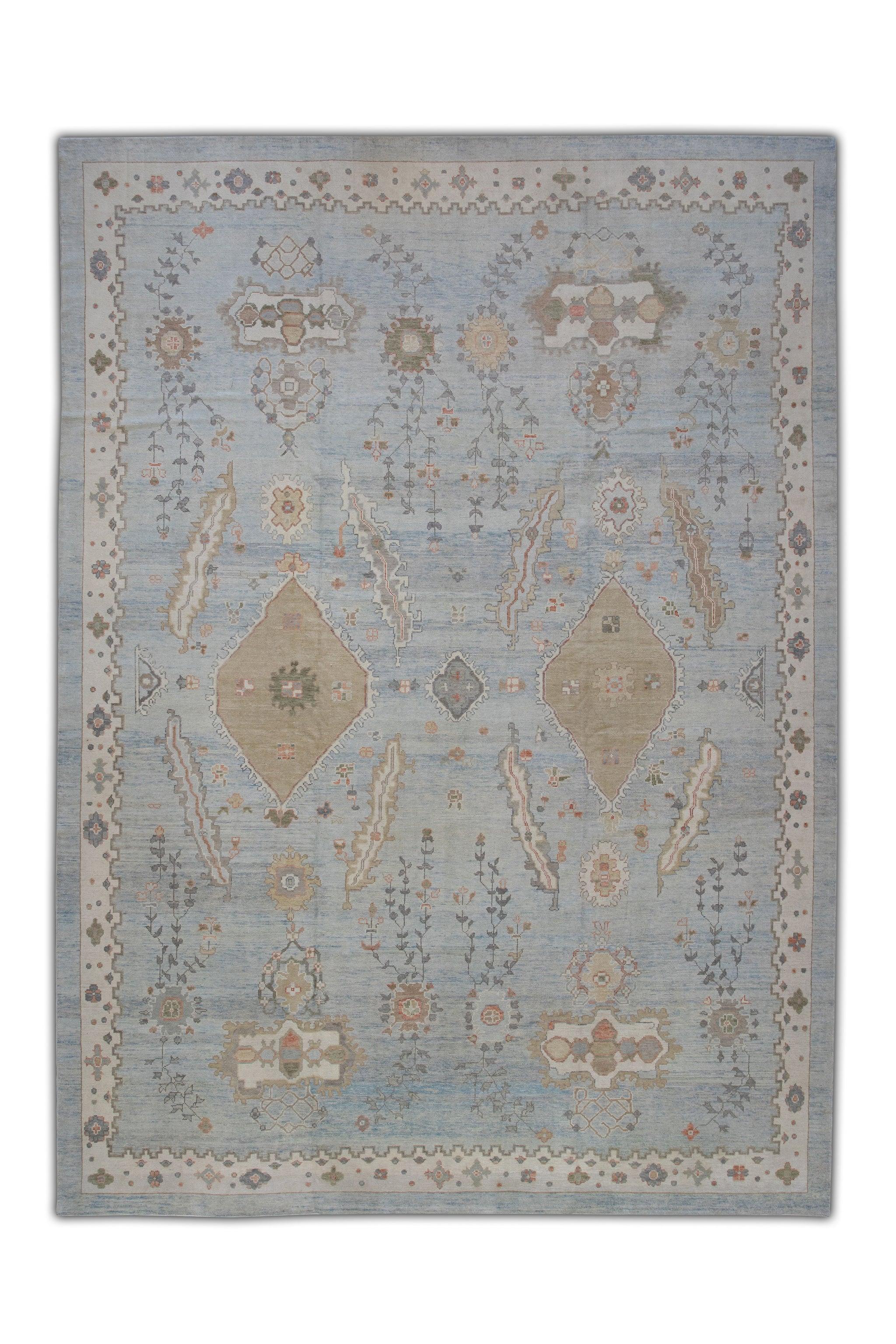 Contemporary Blue & Brown Floral Handwoven Wool Oversized Turkish Oushak Rug 12'6
