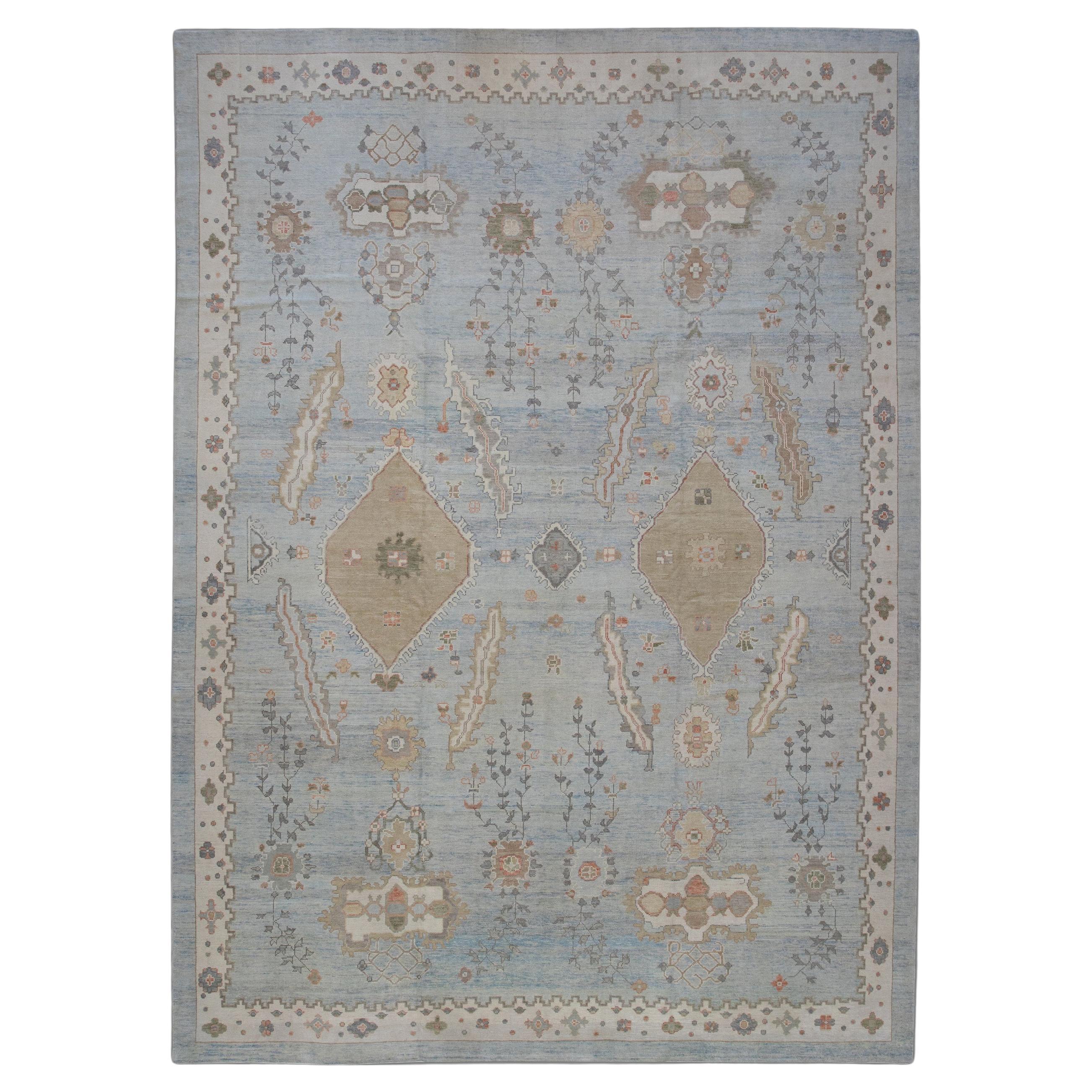 Blue & Brown Floral Handwoven Wool Oversized Turkish Oushak Rug 12'6" X 17'1"