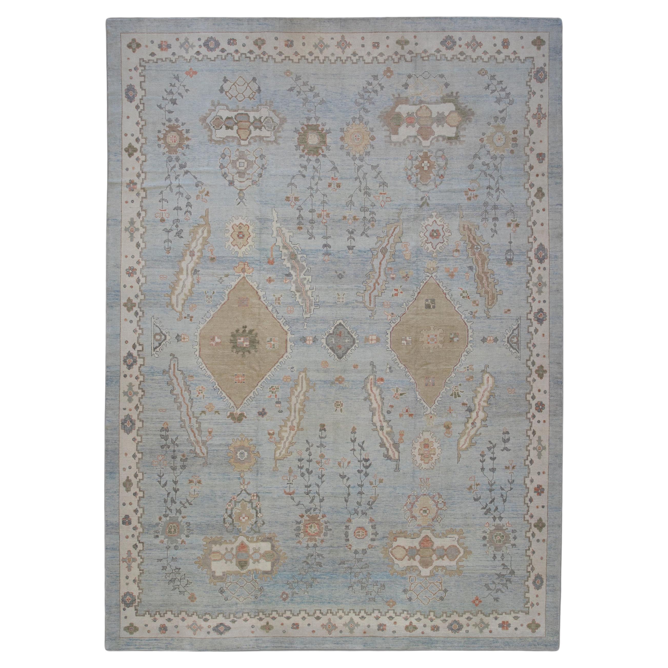 Blue & Brown Floral Handwoven Wool Oversized Turkish Oushak Rug 12'6" X 17'1" For Sale