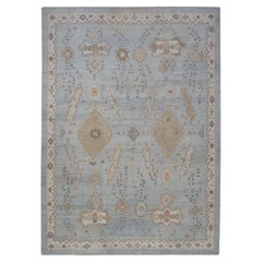 Blue & Brown Floral Handwoven Wool Oversized Turkish Oushak Rug 12'6" X 17'1"