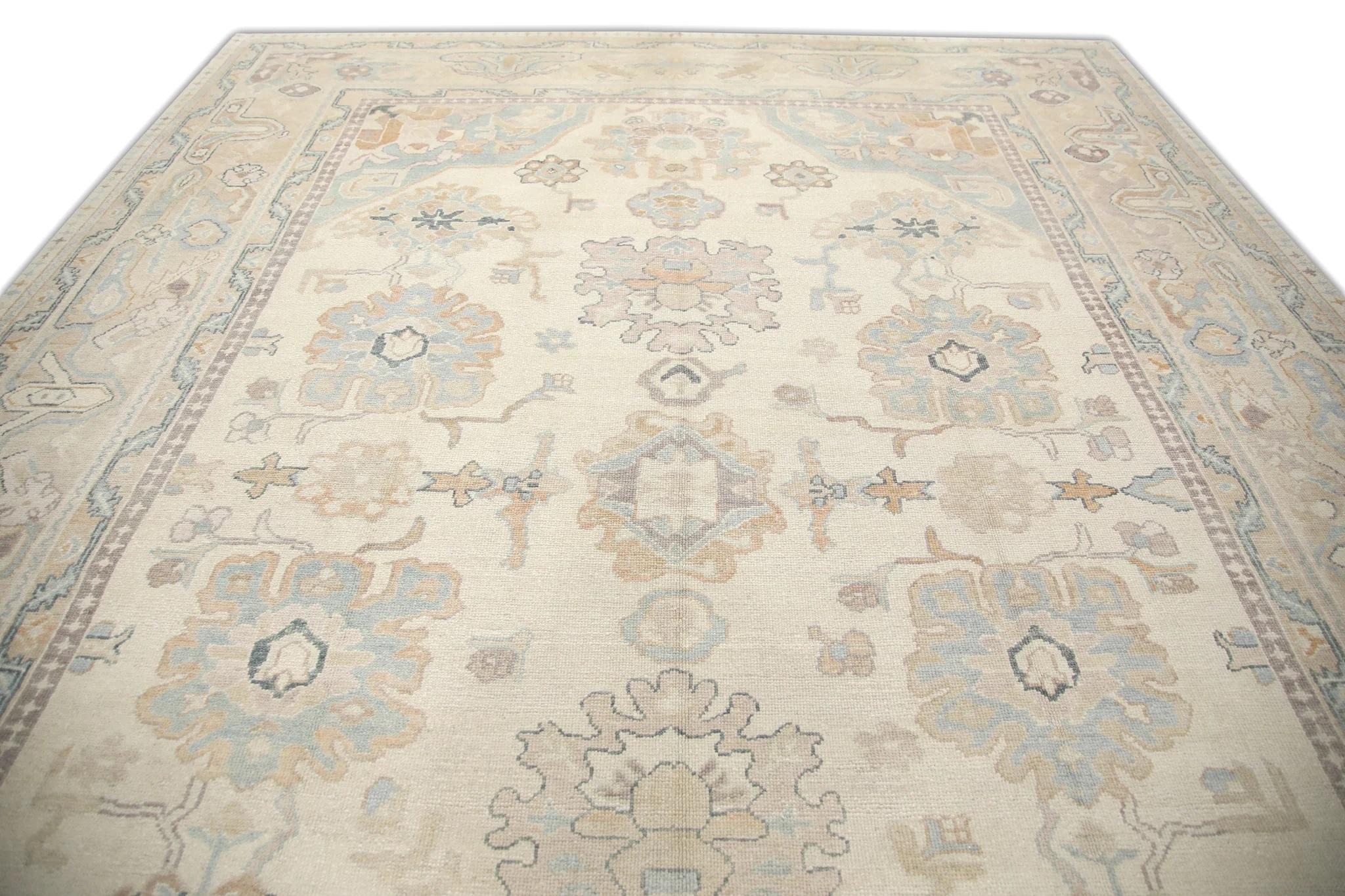 Tan Multicolor Floral Handwoven Wool Oversized Turkish Oushak Rug 11' x 15'3
