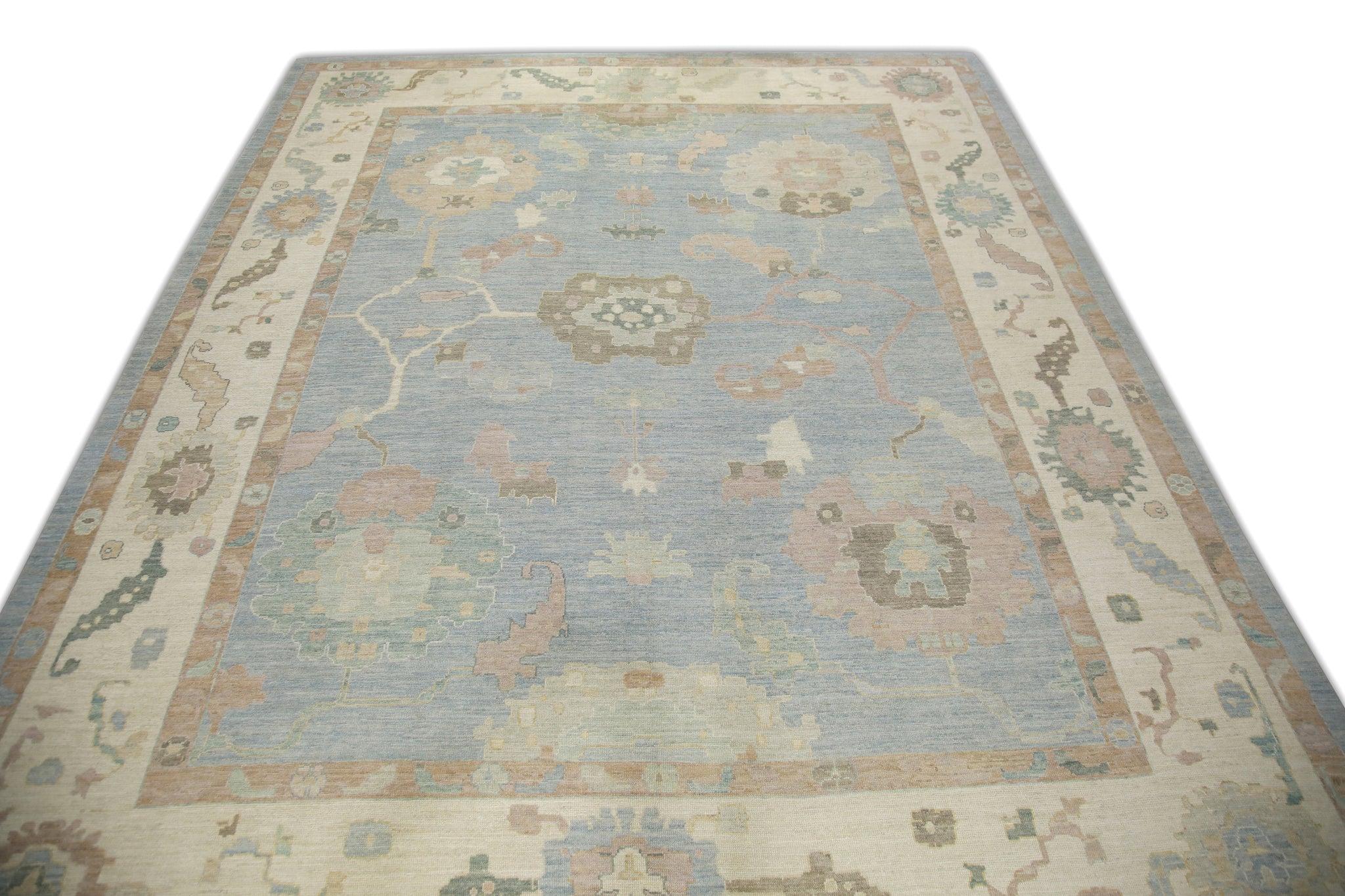 Contemporary Blue Floral Design Handwoven Wool Oversized Turkish Oushak Rug 14'3