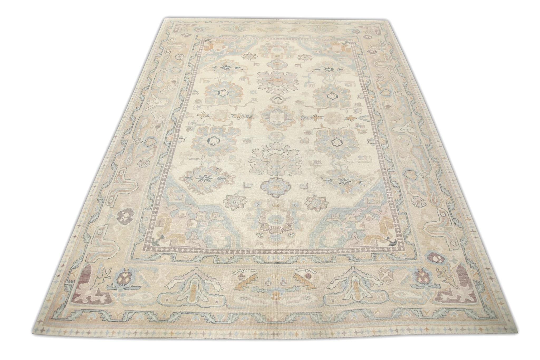 Contemporary Tan Multicolor Floral Handwoven Wool Oversized Turkish Oushak Rug 11' x 15'3