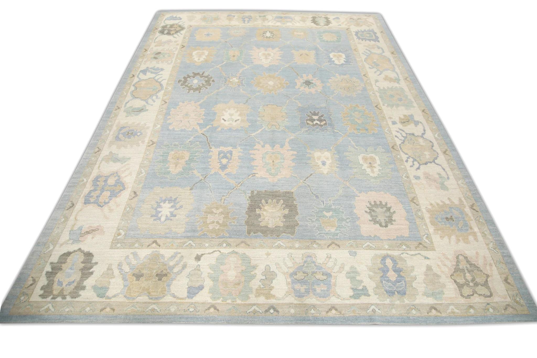 Contemporary Blue Floral Design Handwoven Wool Oversized Turkish Oushak Rug 12'1