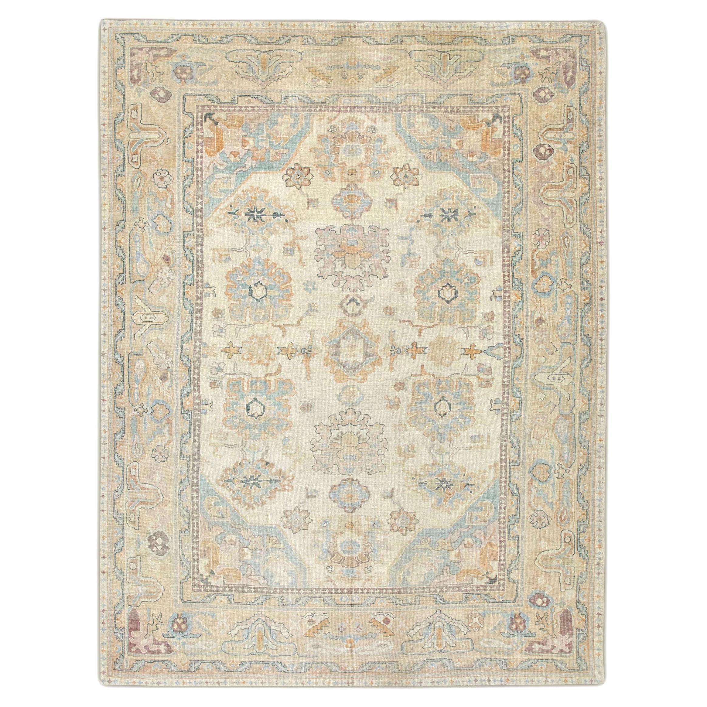 Tan Multicolor Floral Handwoven Wool Oversized Turkish Oushak Rug 11' x 15'3"