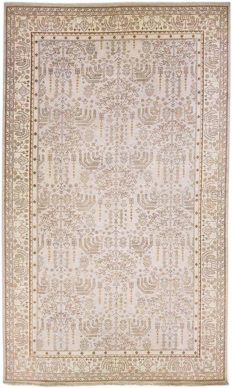 Modern Ovesize Oushak Wool Rug Handmade with Beige Floral Field For