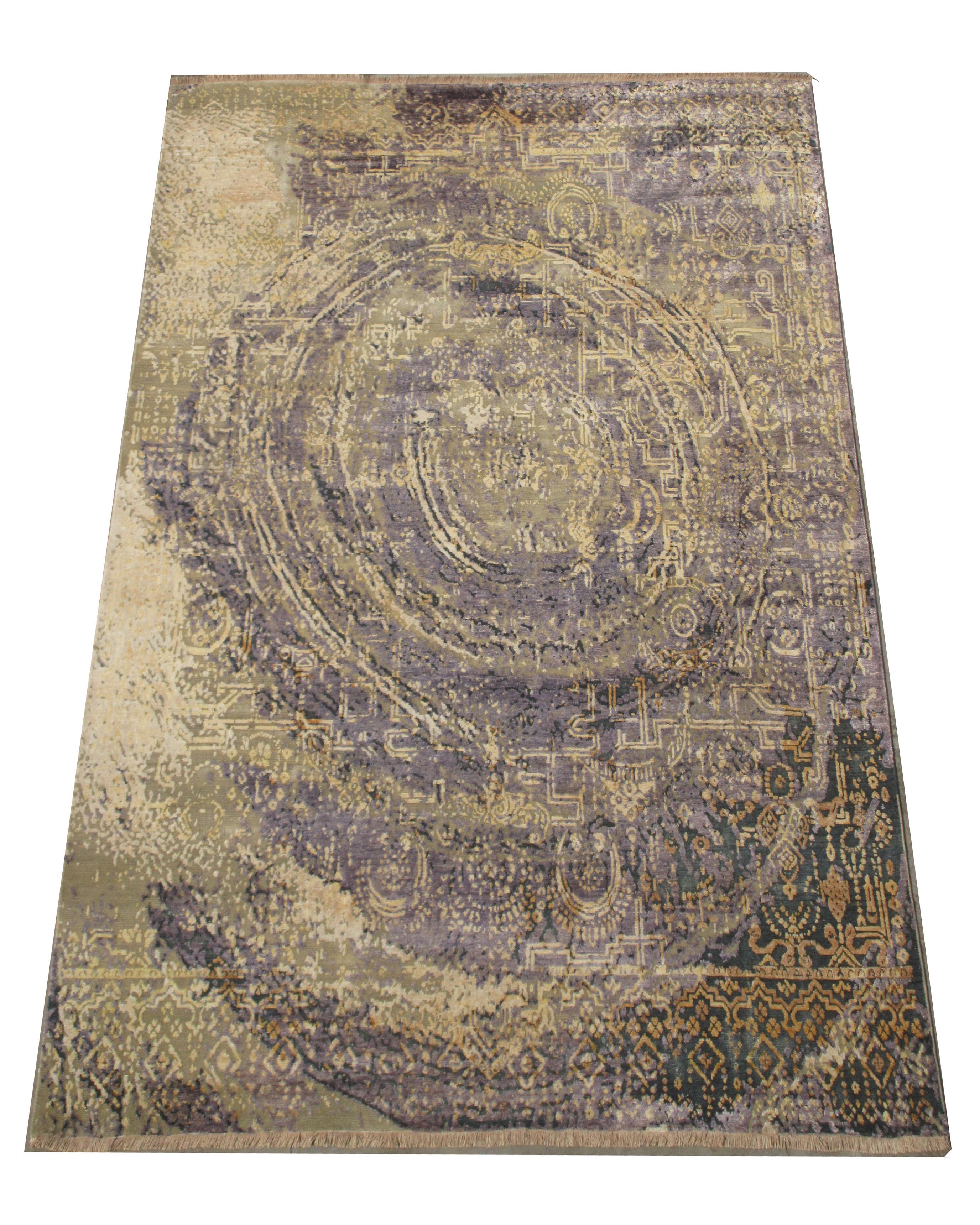 Hand knotted wool & silk pile on a cotton foundation. 

Oxidized Design.

Dimensions: 8'1