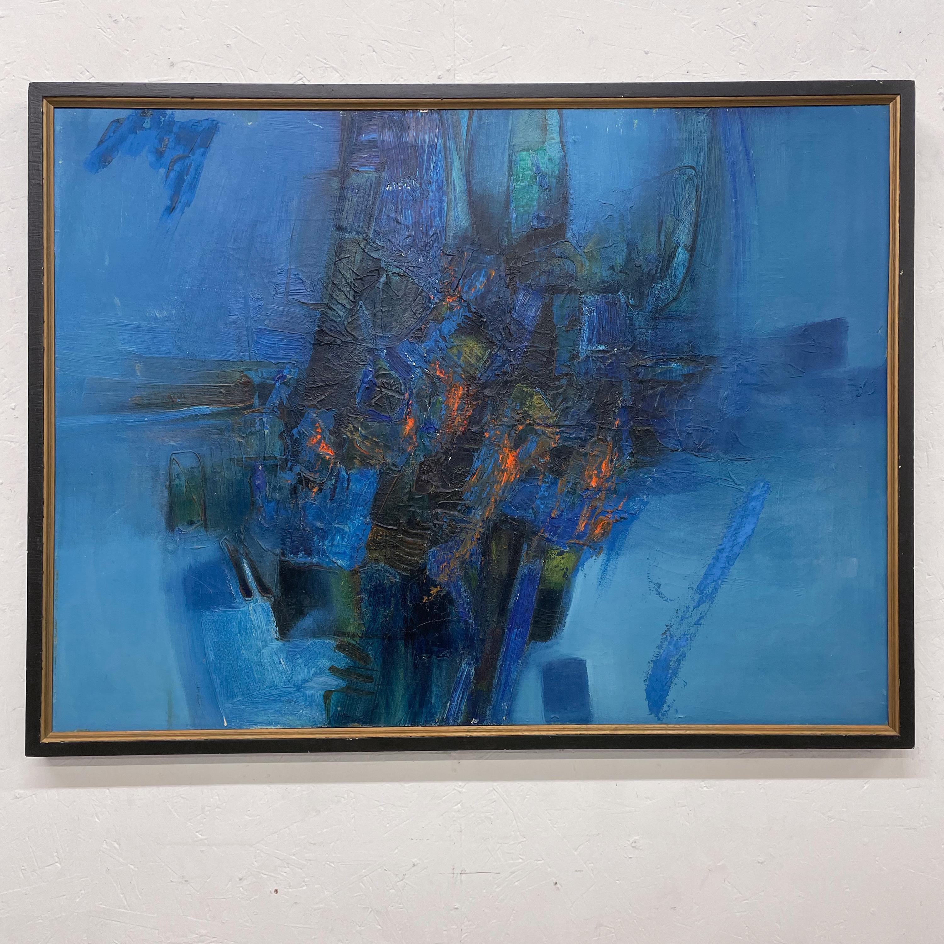 Modern abstract painting in vibrant blue an oil on canvas artwork.
signed on backside Brooke 1985
 Framed art.
 41.5 x 31.5 Tall x 2 D
Original unrestored vintage condition preowned.
Delivery to LA offered. 
   


  