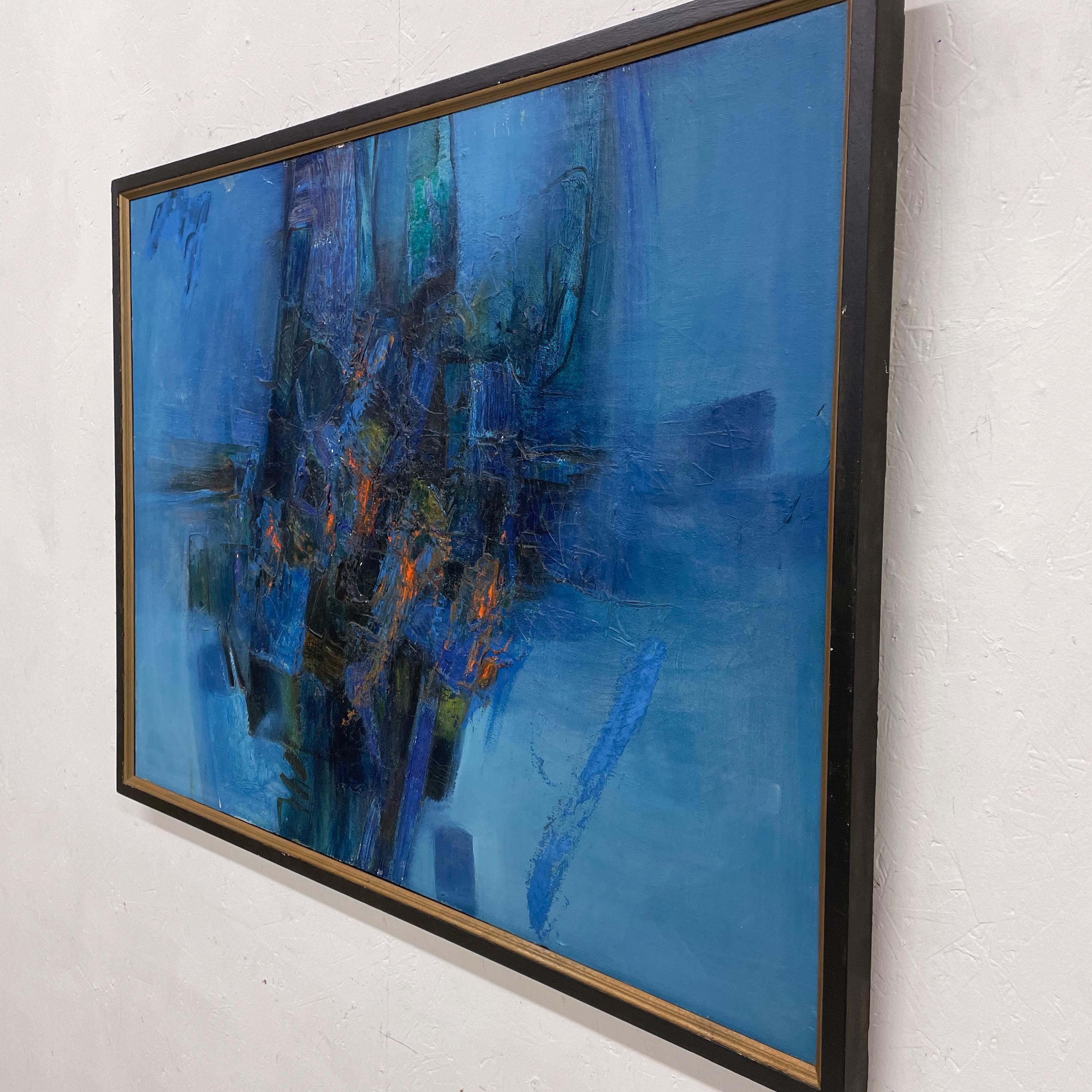 Peinture d'art moderne abstraite bleue, huile sur toile signée, 1985  en vente 1