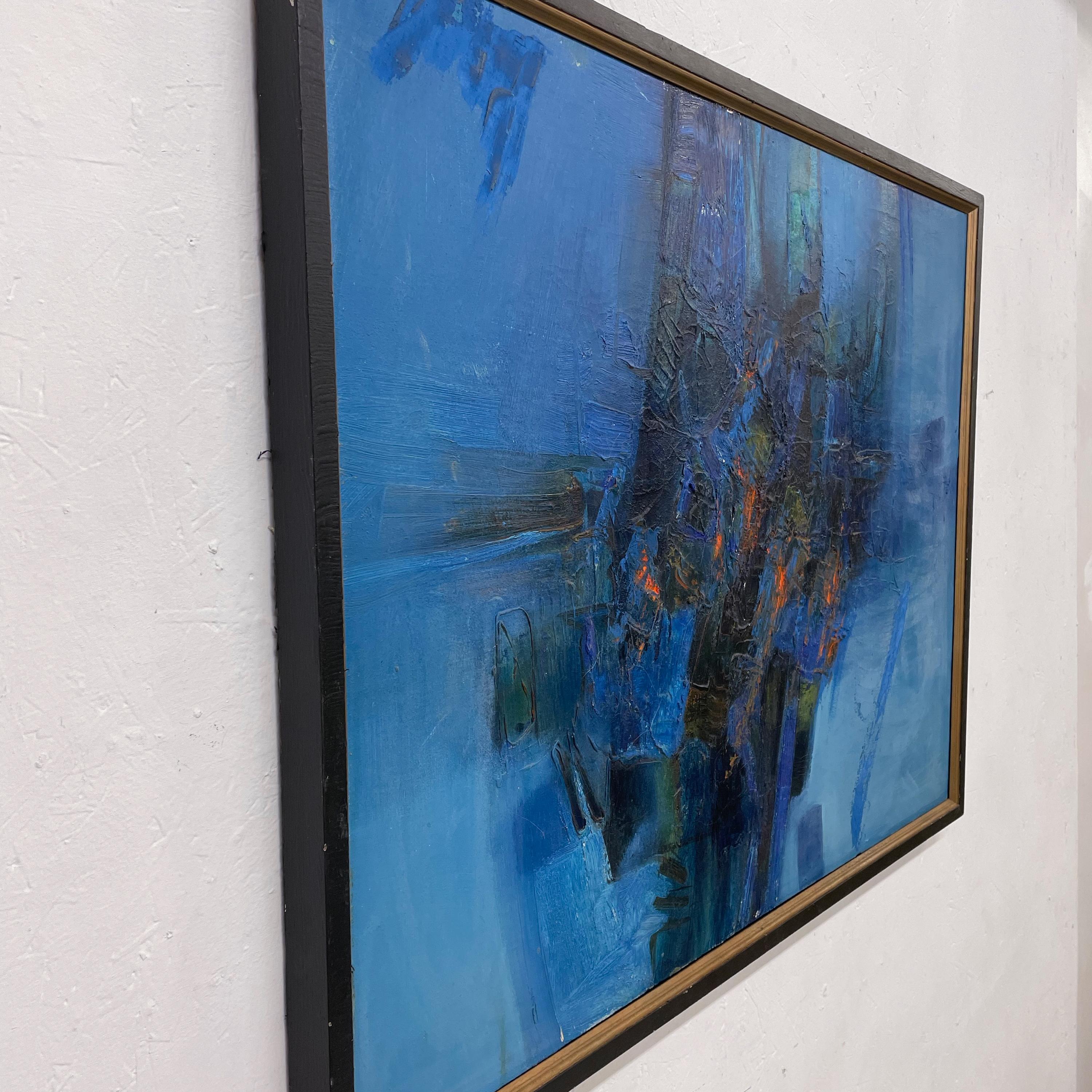 Peinture d'art moderne abstraite bleue, huile sur toile signée, 1985  en vente 2