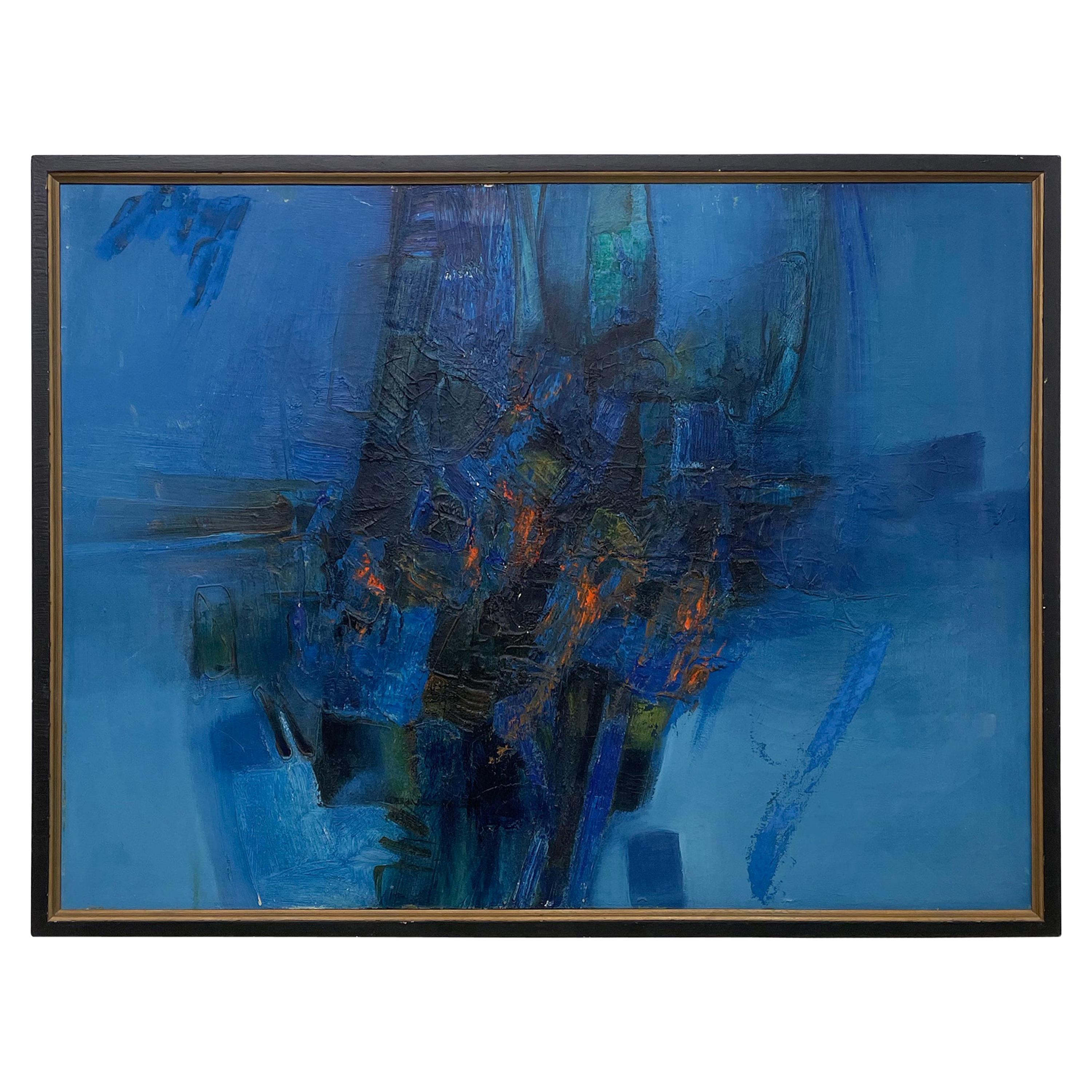 Peinture d'art moderne abstraite bleue, huile sur toile signée, 1985 