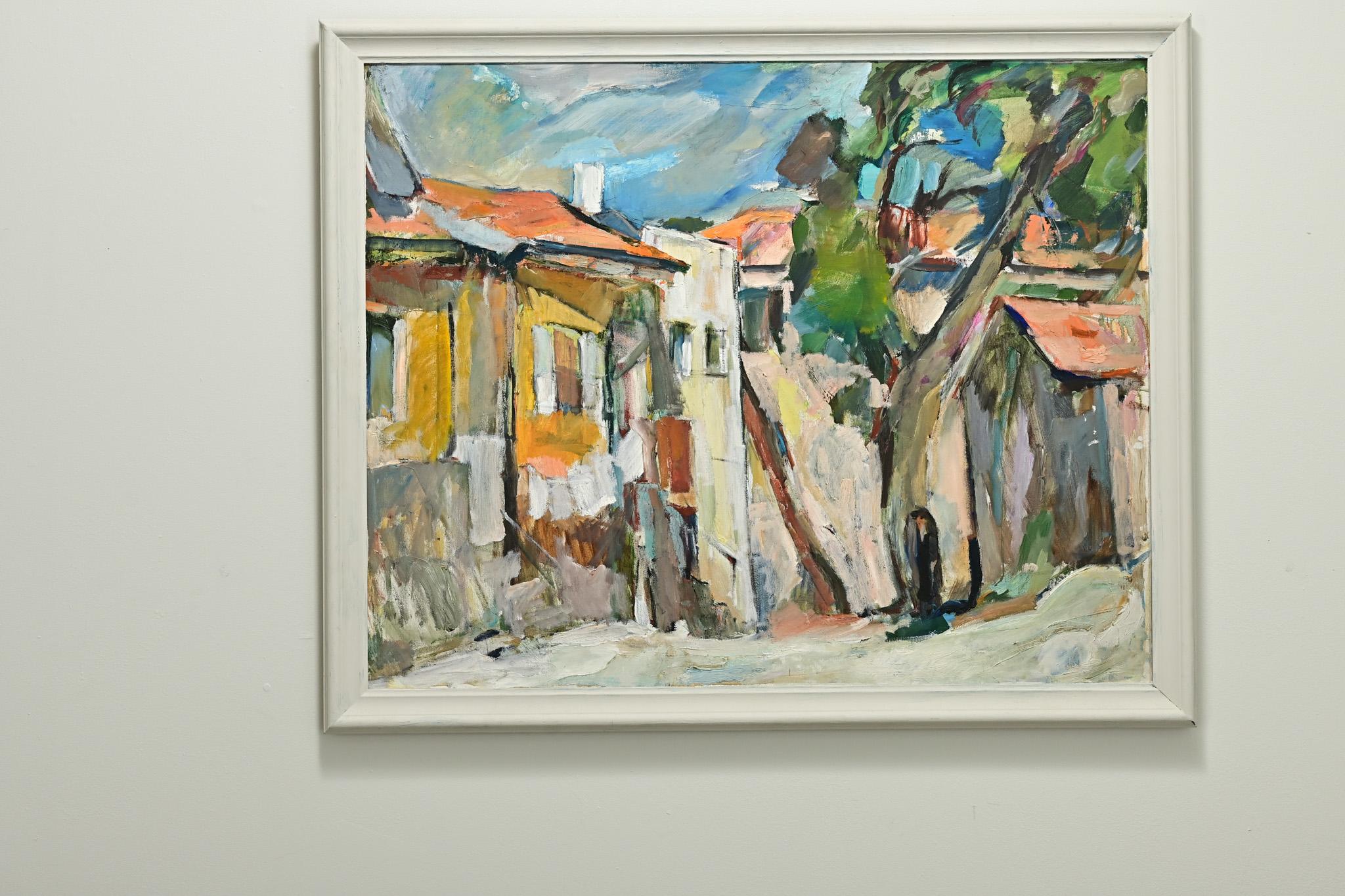 A colorful abstract painting by Anna Khodorovsky Lipkind, a Jewish artist in Mea Shearim, Jerusalem. This modern painting is oil on canvas framed in a white painted frame. Be sure to view the detailed images to see the current condition.