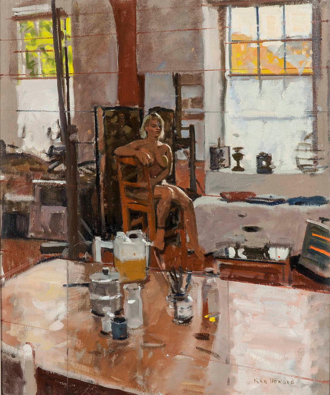 'Nude in My Studio' by Ken Howard 

Depicting a sunny interior scene of the artist's studio with a sitting female nude. Painted in the traditional contemporary style. Oil on canvas. Signed lower right.

Kenneth Howard OBE, RA, London born in
