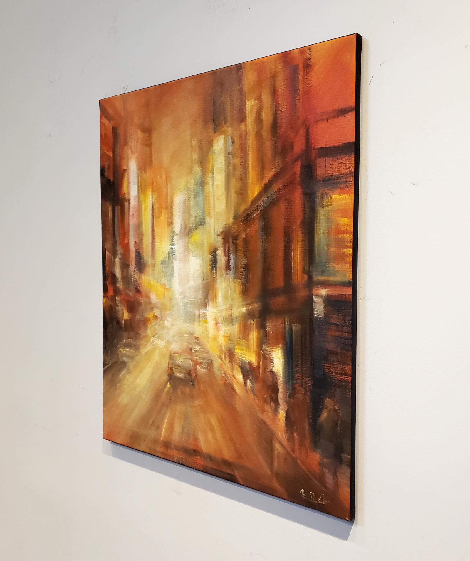 Impressionistic painting of a busy New York City street at night. The activity and movement and lighting wonderfully captured by the bold yet confident brush strokes of French artist Marie Claire Pajeile. Oil on canvas. Signed bottom right.